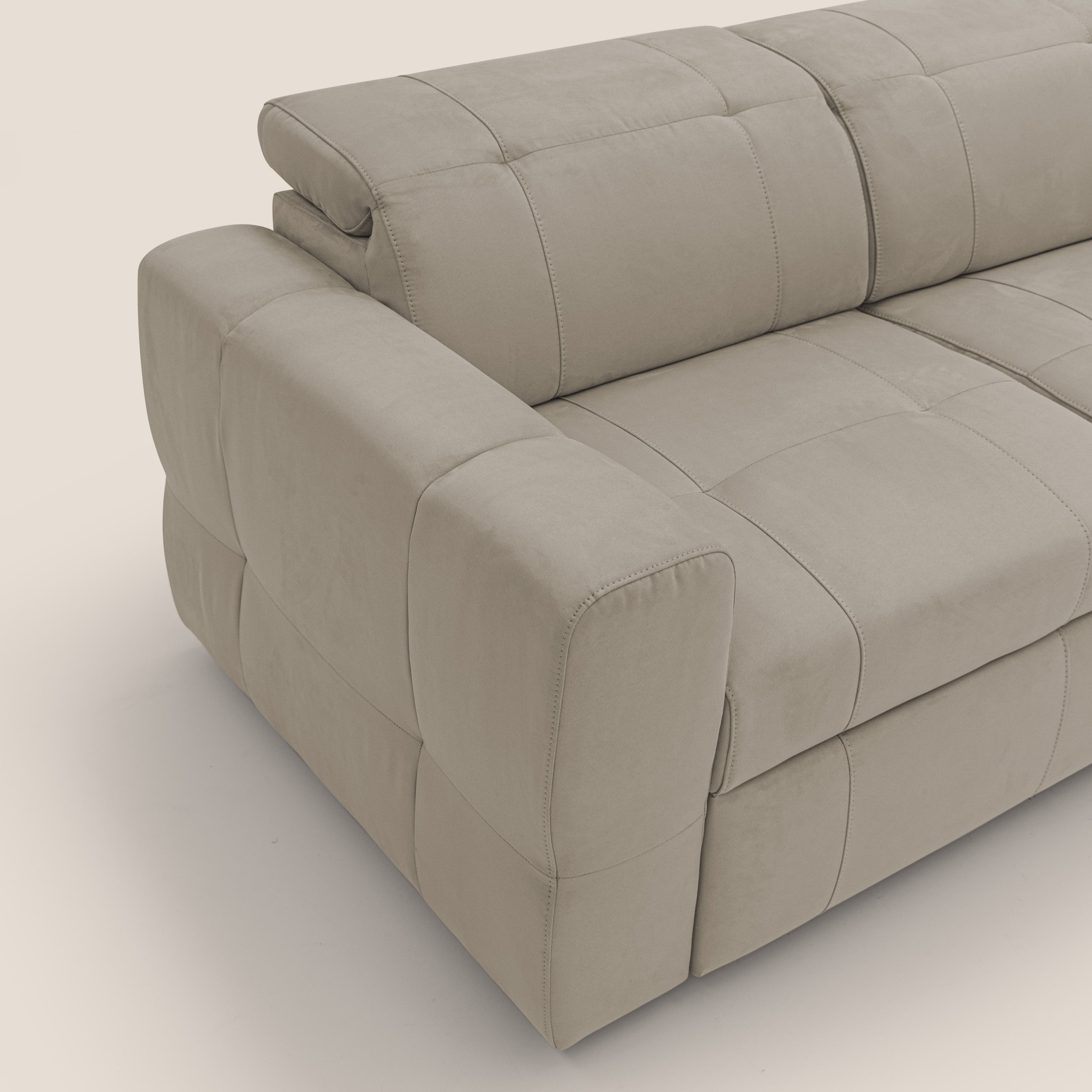 Kronos Divano angolare con pouf estraibile e penisola contenitore in microfibra impermeabile T11 tortora - divani.store