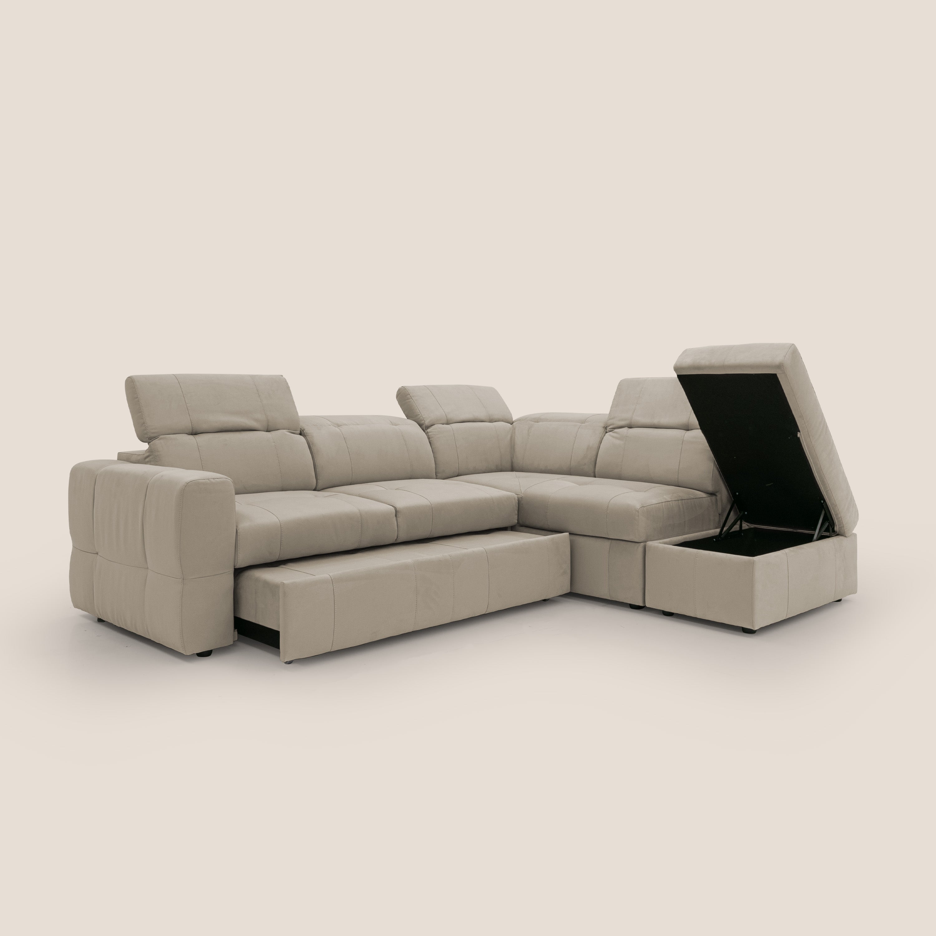 Kronos Divano angolare con poggiapiedi estraibile e pouf contenitore mobile in microfibra impermeabile T11 tortora - divani.store