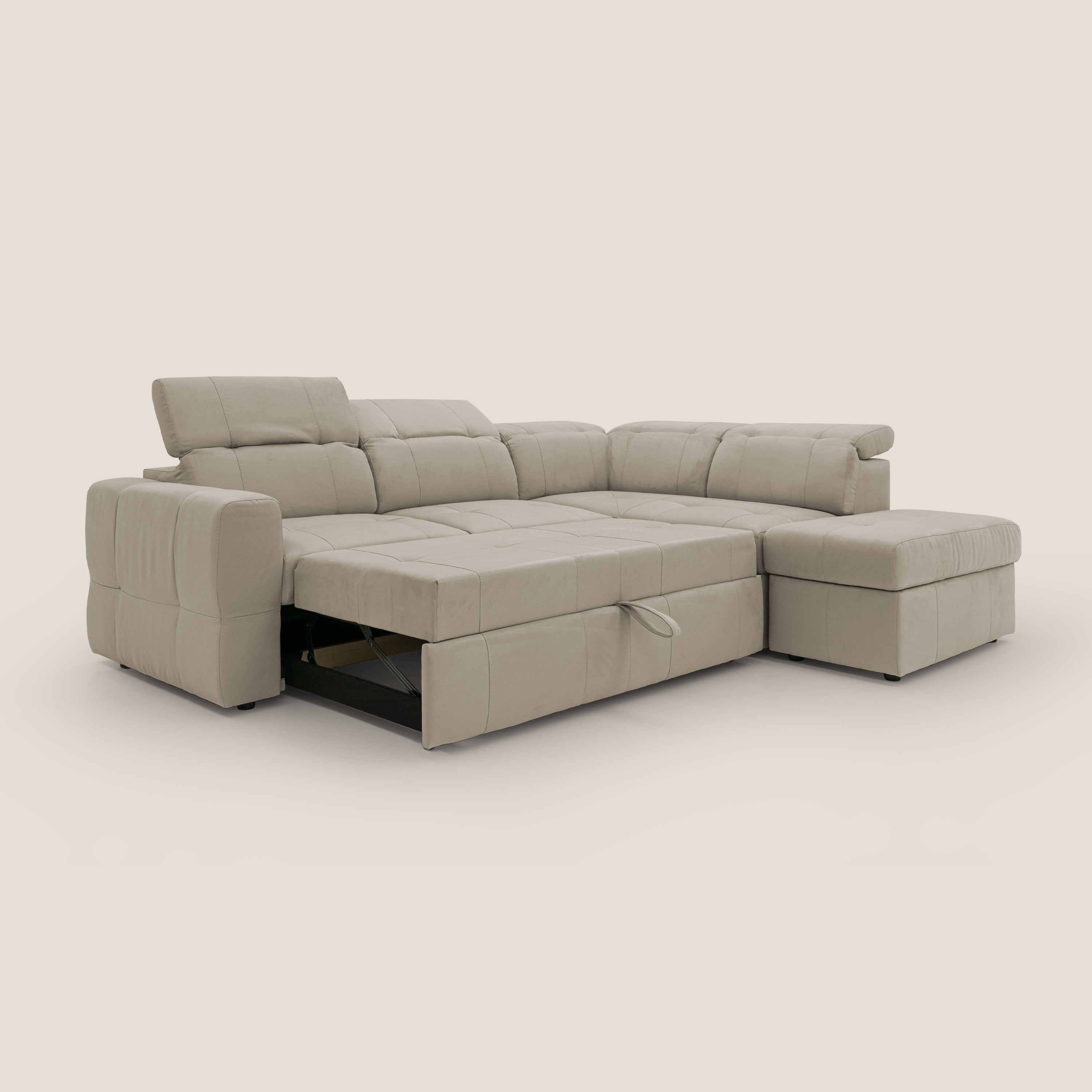 Kronos Divano angolare con poggiapiedi estraibile e pouf contenitore mobile in microfibra impermeabile T11 tortora - divani.store
