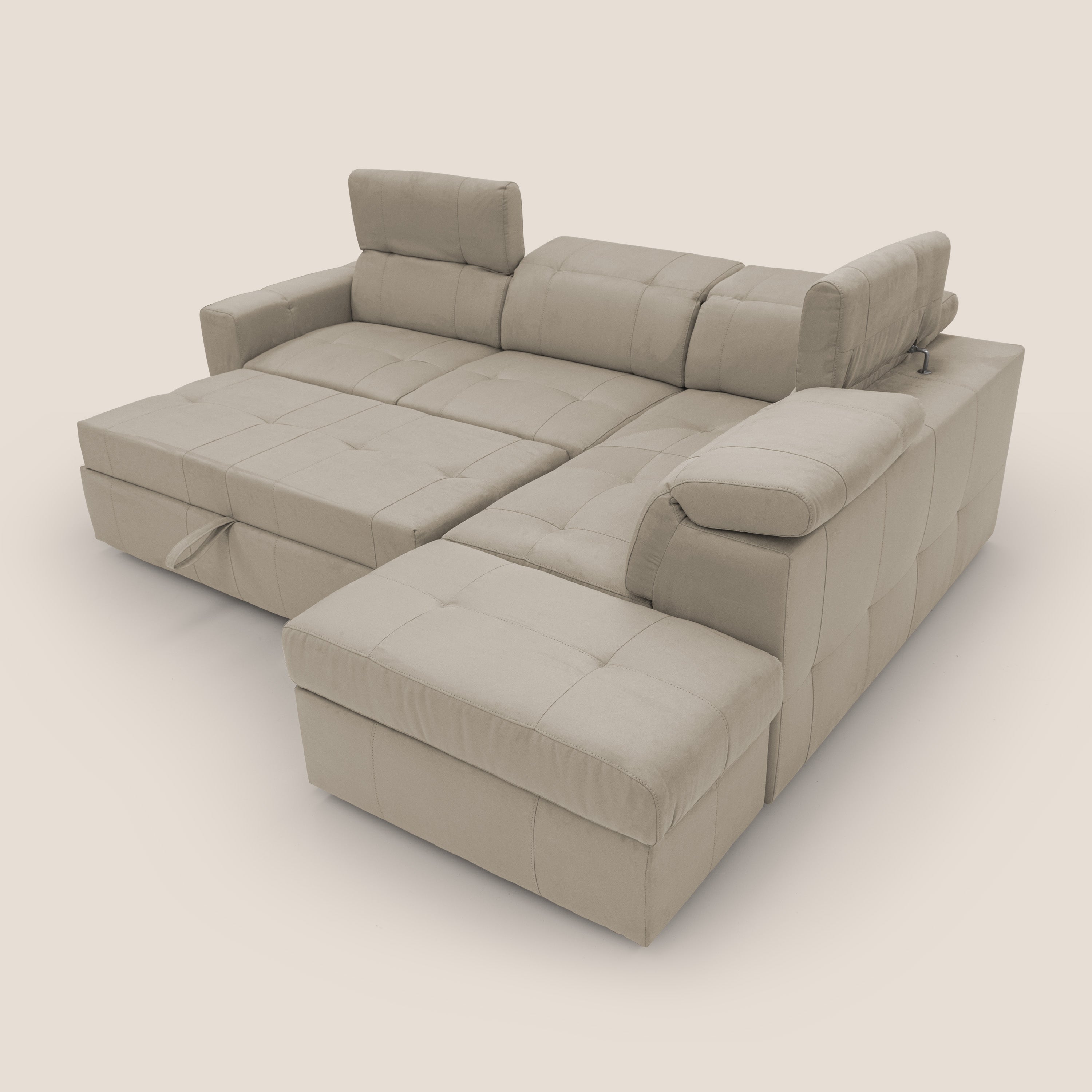 Kronos Divano angolare con poggiapiedi estraibile e pouf contenitore mobile in microfibra impermeabile T11 tortora - divani.store