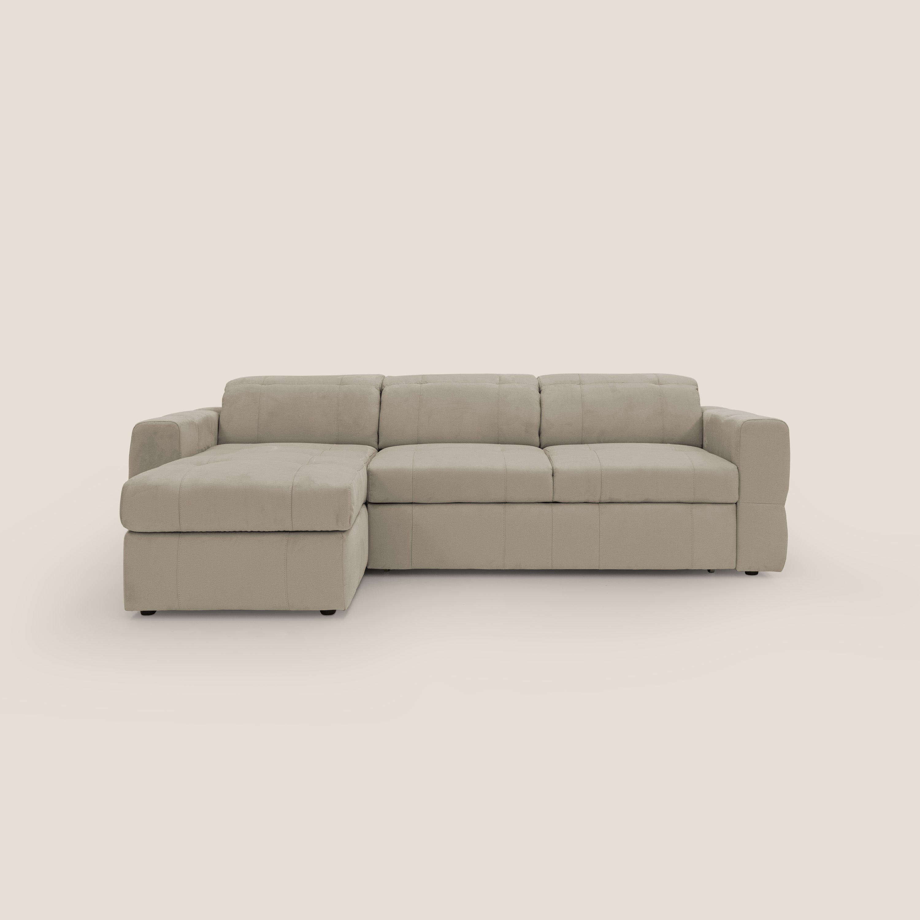 Kronos Divano angolare con pouf estraibile e penisola contenitore in microfibra impermeabile T11 tortora - divani.store