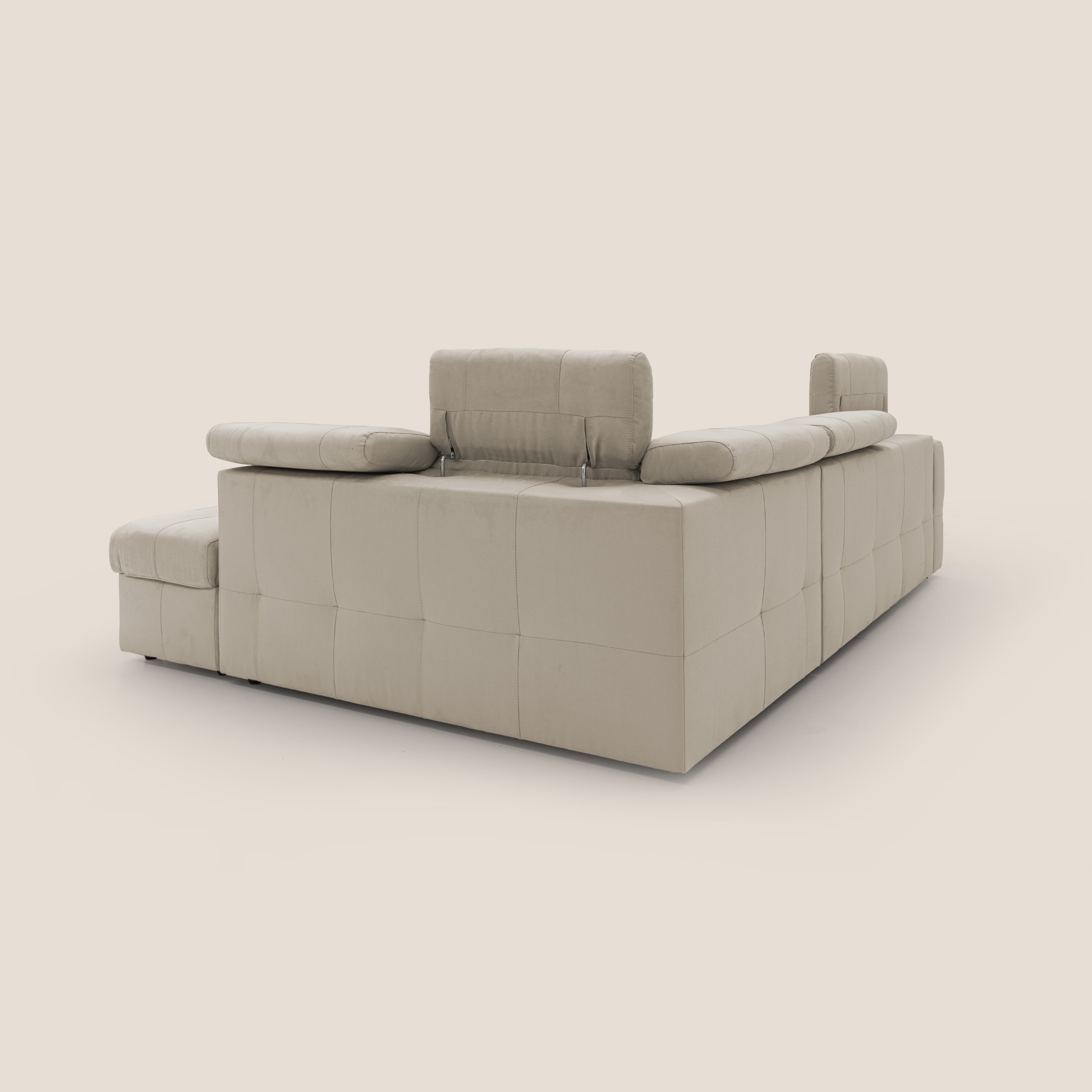 Kronos Divano angolare con poggiapiedi estraibile e pouf contenitore mobile in microfibra impermeabile T11 tortora - divani.store