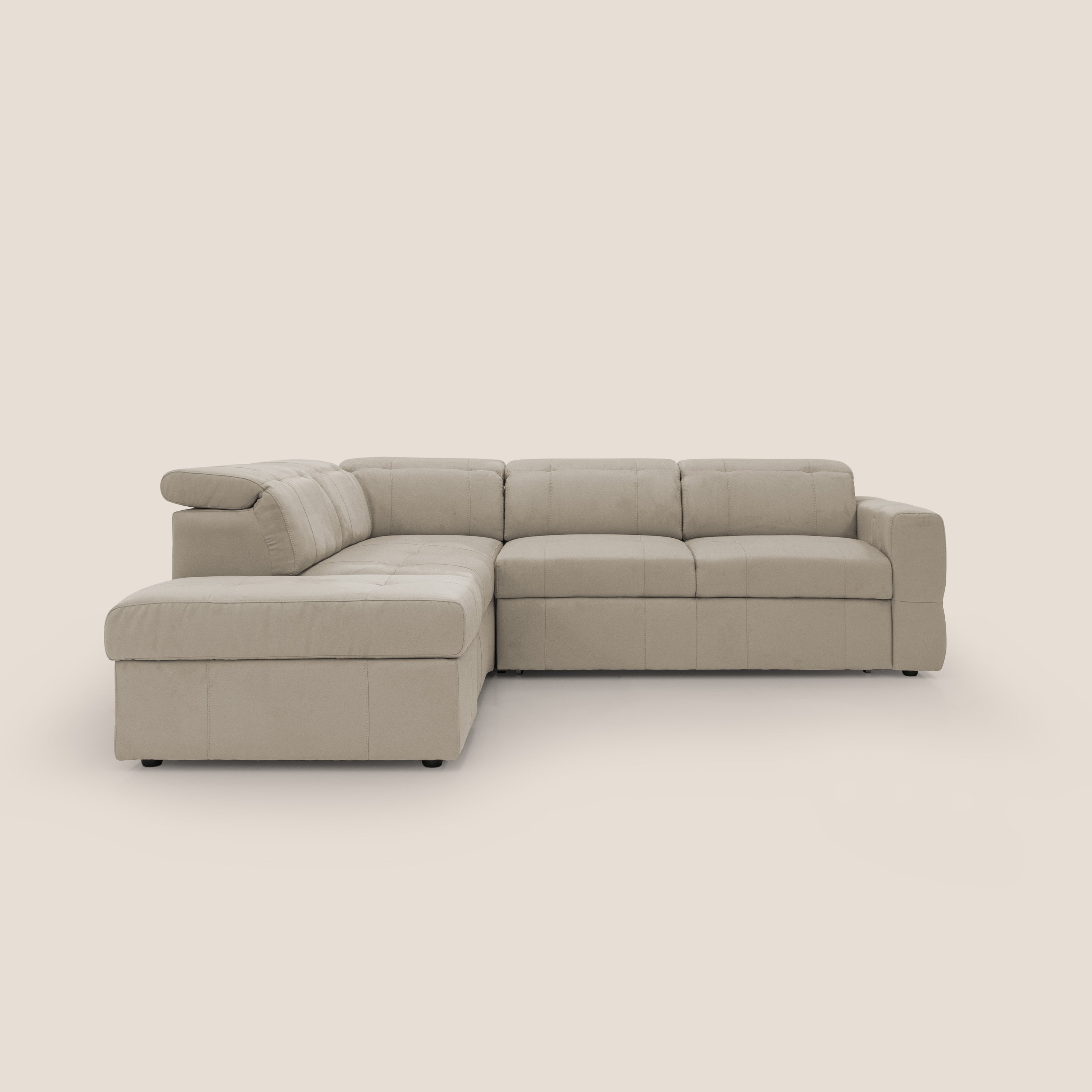 Kronos Divano angolare con poggiapiedi estraibile e pouf contenitore mobile in microfibra impermeabile T11 tortora - divani.store