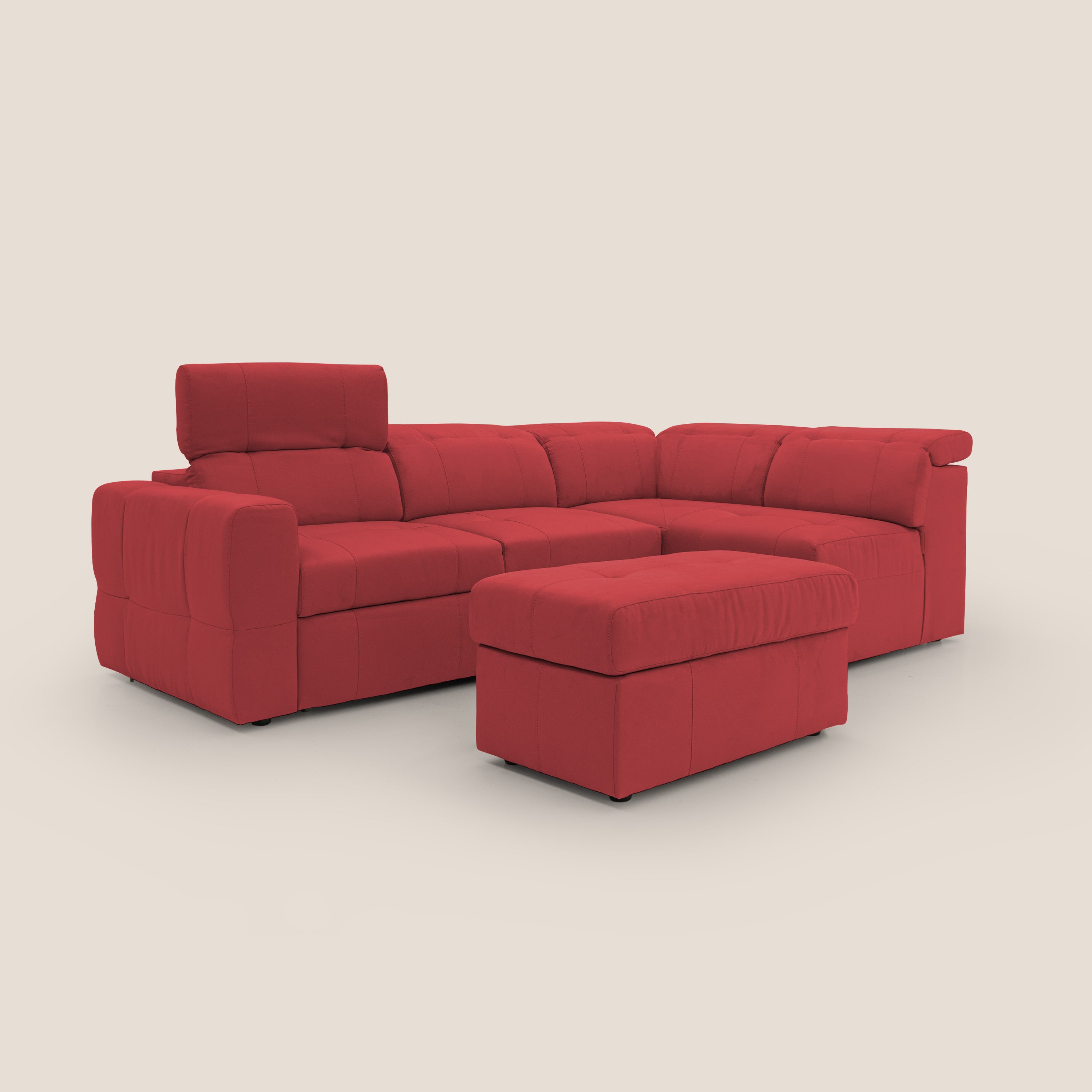 Kronos Divano angolare con poggiapiedi estraibile e pouf contenitore mobile in microfibra impermeabile T11 rosso - divani.store