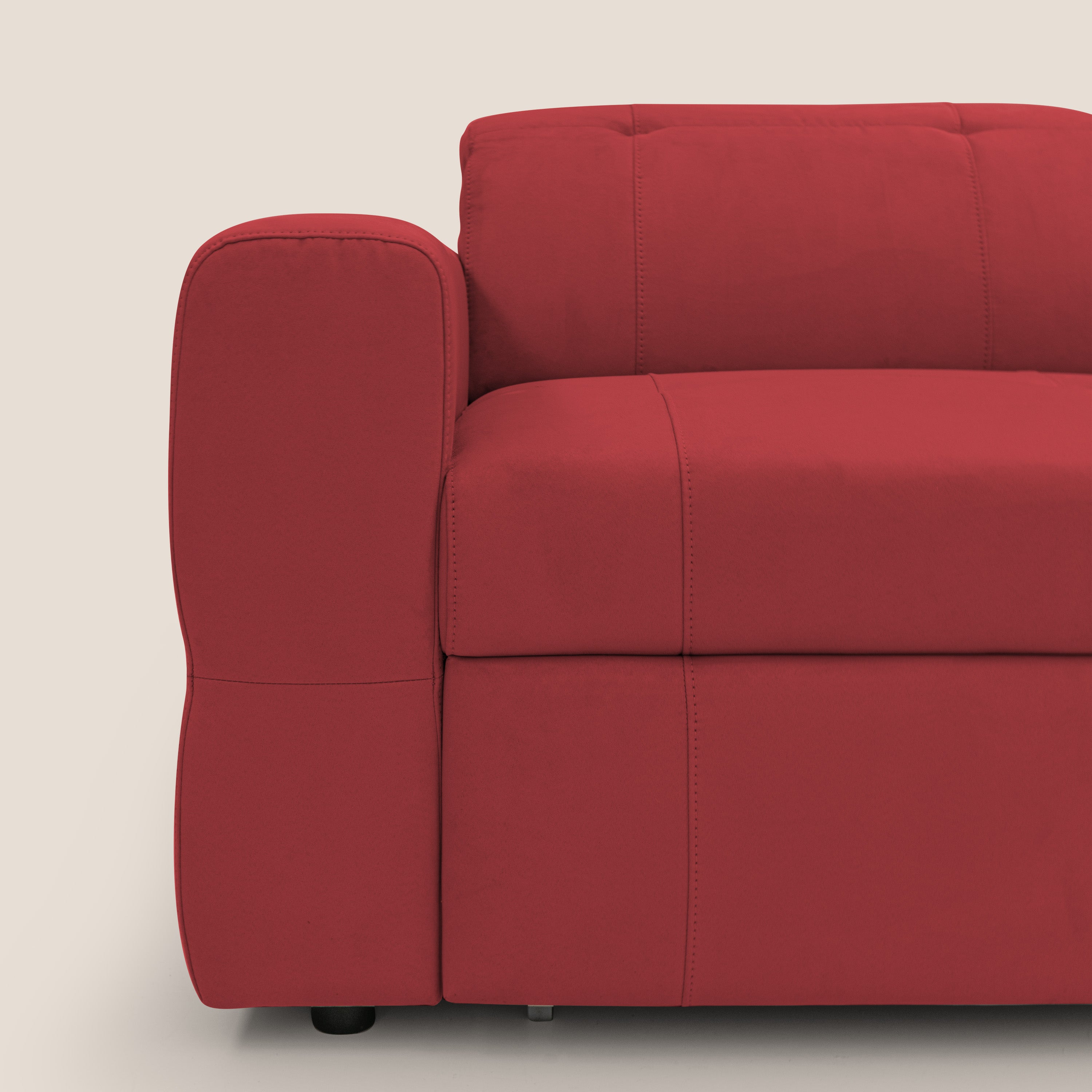 Kronos Divano angolare con poggiapiedi estraibile e pouf contenitore mobile in microfibra impermeabile T11 rosso - divani.store