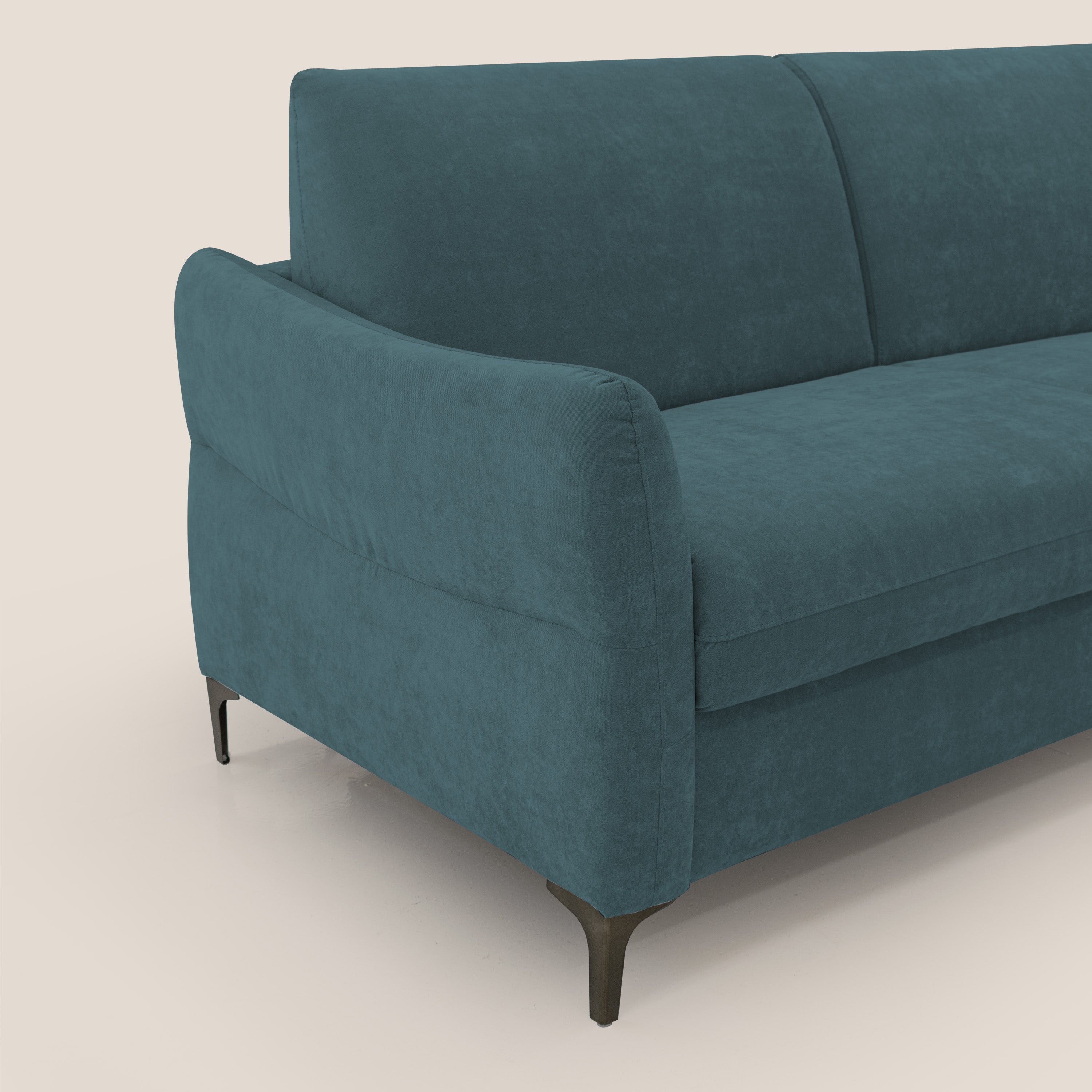 Dalia divano letto con materasso H18 cm e piedi alti in raffinato tessuto smacchiabile T17 petrolio - divani.store