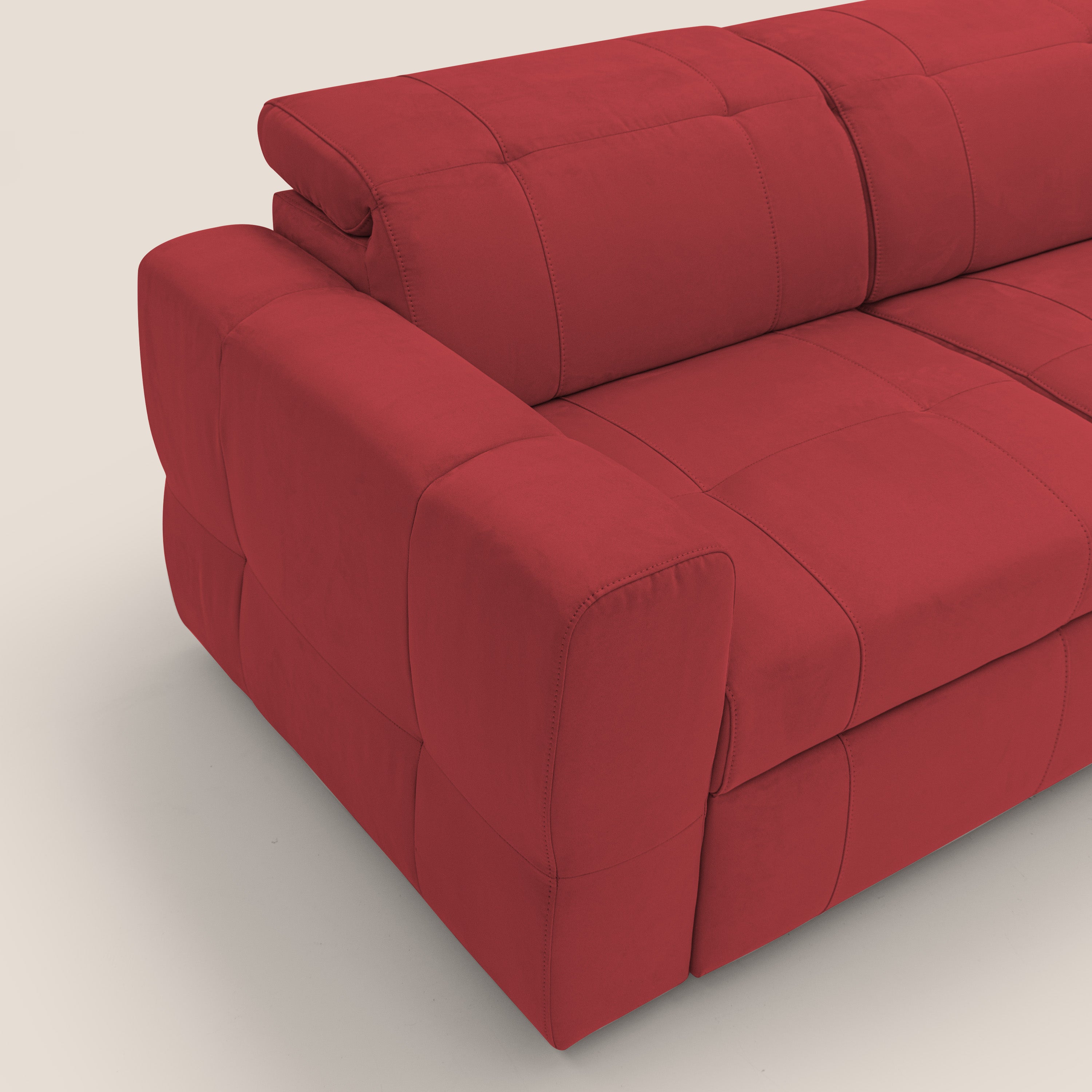 Kronos Divano angolare con poggiapiedi estraibile e pouf contenitore mobile in microfibra impermeabile T11 rosso - divani.store