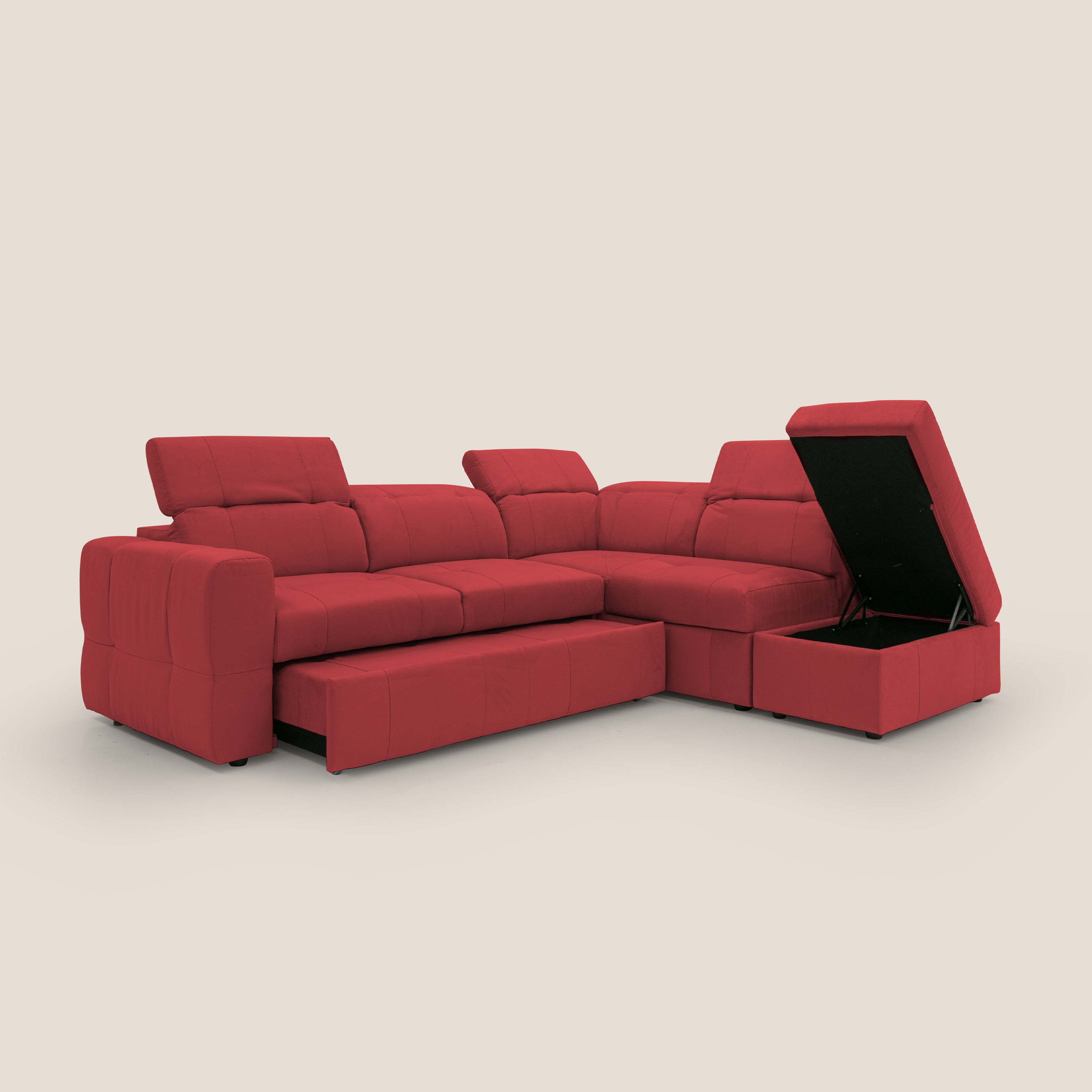 Kronos Divano angolare con poggiapiedi estraibile e pouf contenitore mobile in microfibra impermeabile T11 rosso - divani.store