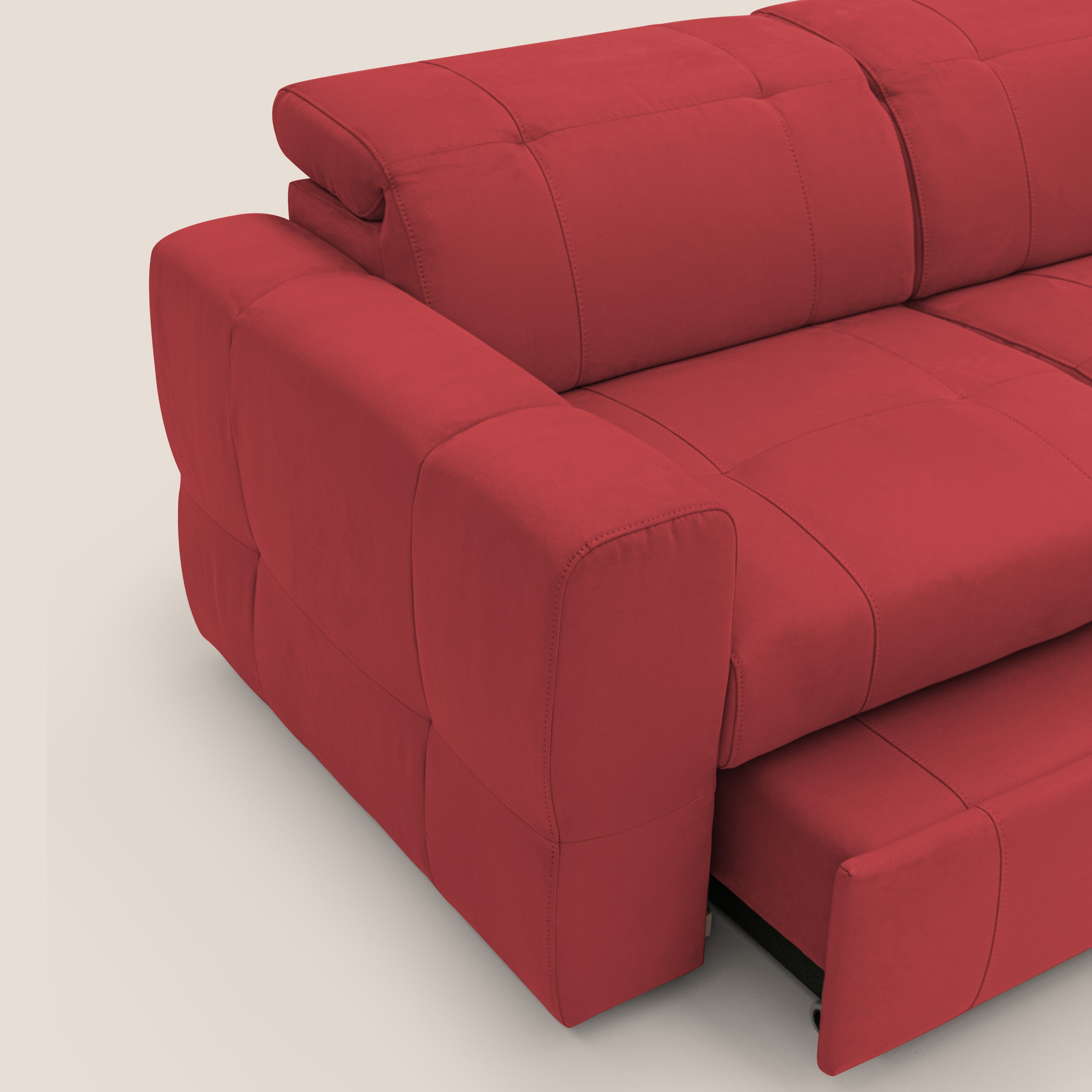 Kronos Divano angolare con poggiapiedi estraibile e pouf contenitore mobile in microfibra impermeabile T11 rosso - divani.store