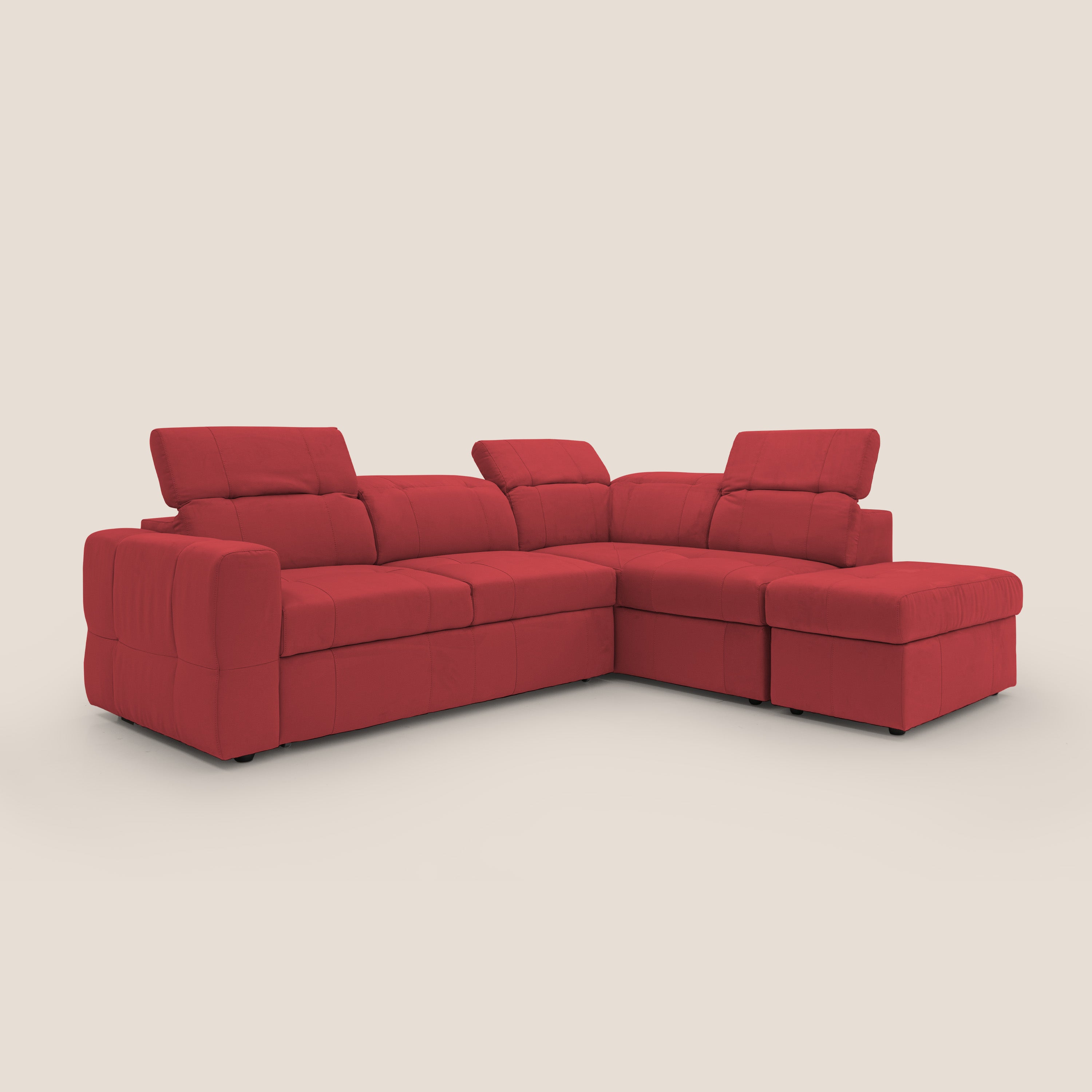 Kronos Divano angolare con poggiapiedi estraibile e pouf contenitore mobile in microfibra impermeabile T11 rosso - divani.store