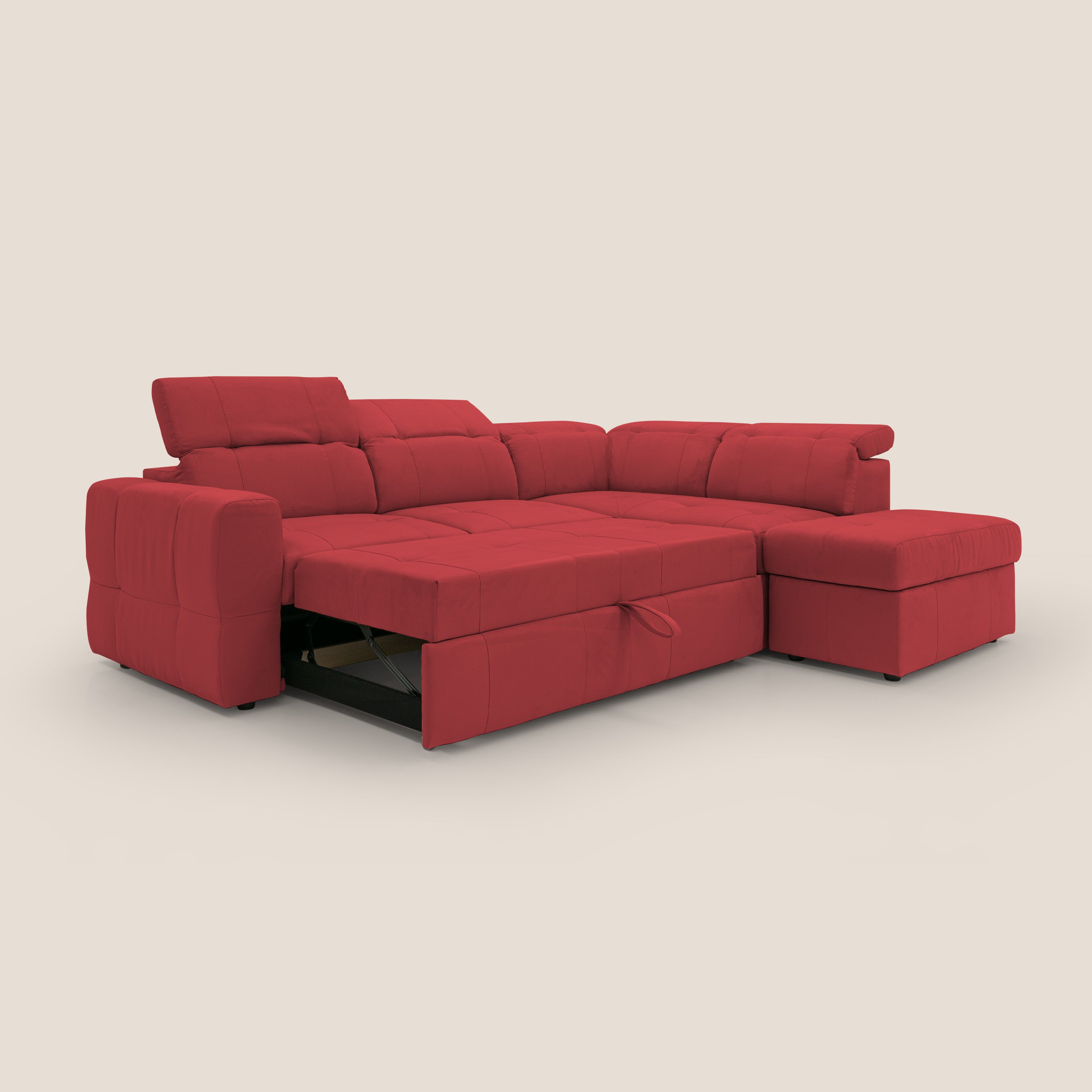 Kronos Divano angolare con poggiapiedi estraibile e pouf contenitore mobile in microfibra impermeabile T11 rosso - divani.store