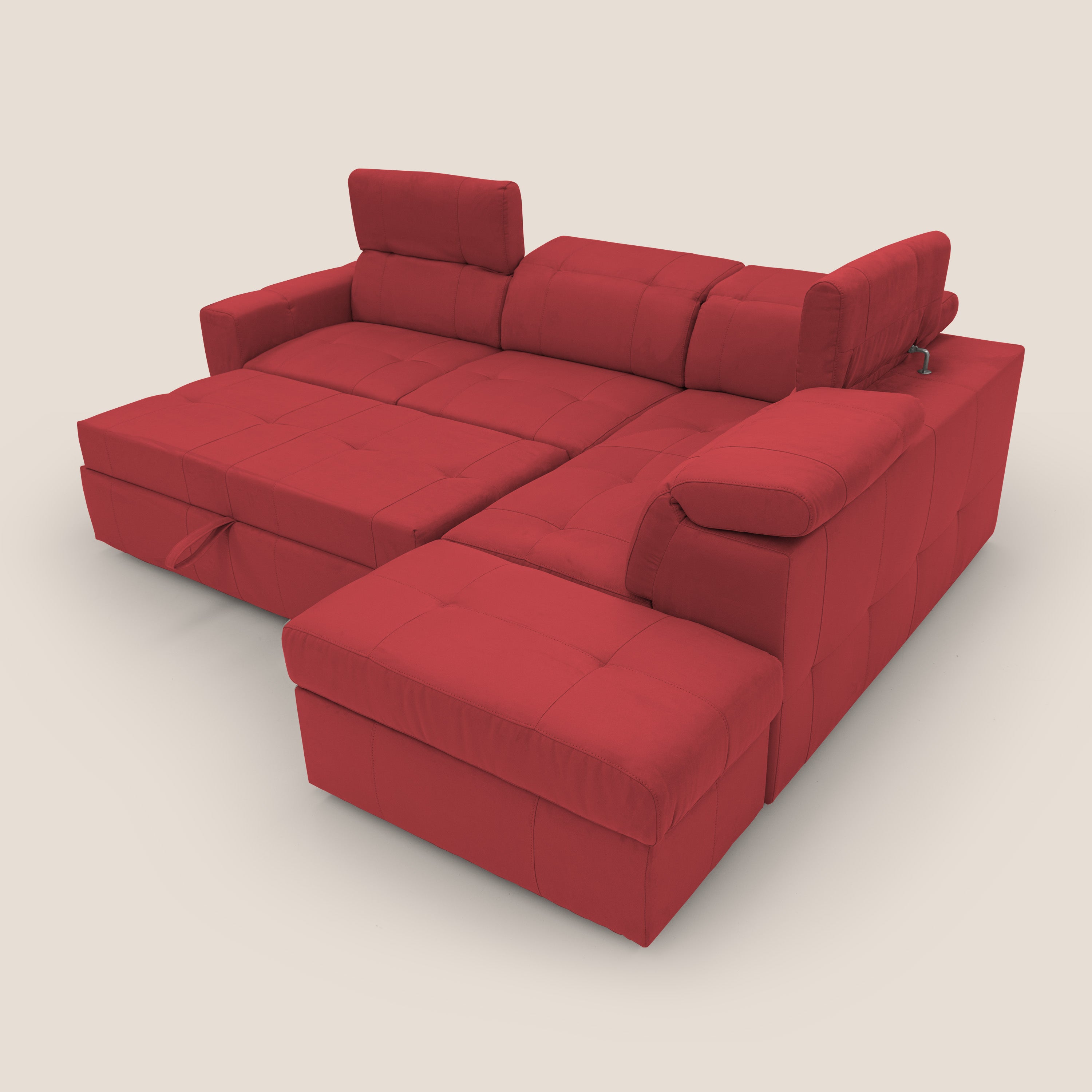 Kronos Divano angolare con poggiapiedi estraibile e pouf contenitore mobile in microfibra impermeabile T11 rosso - divani.store