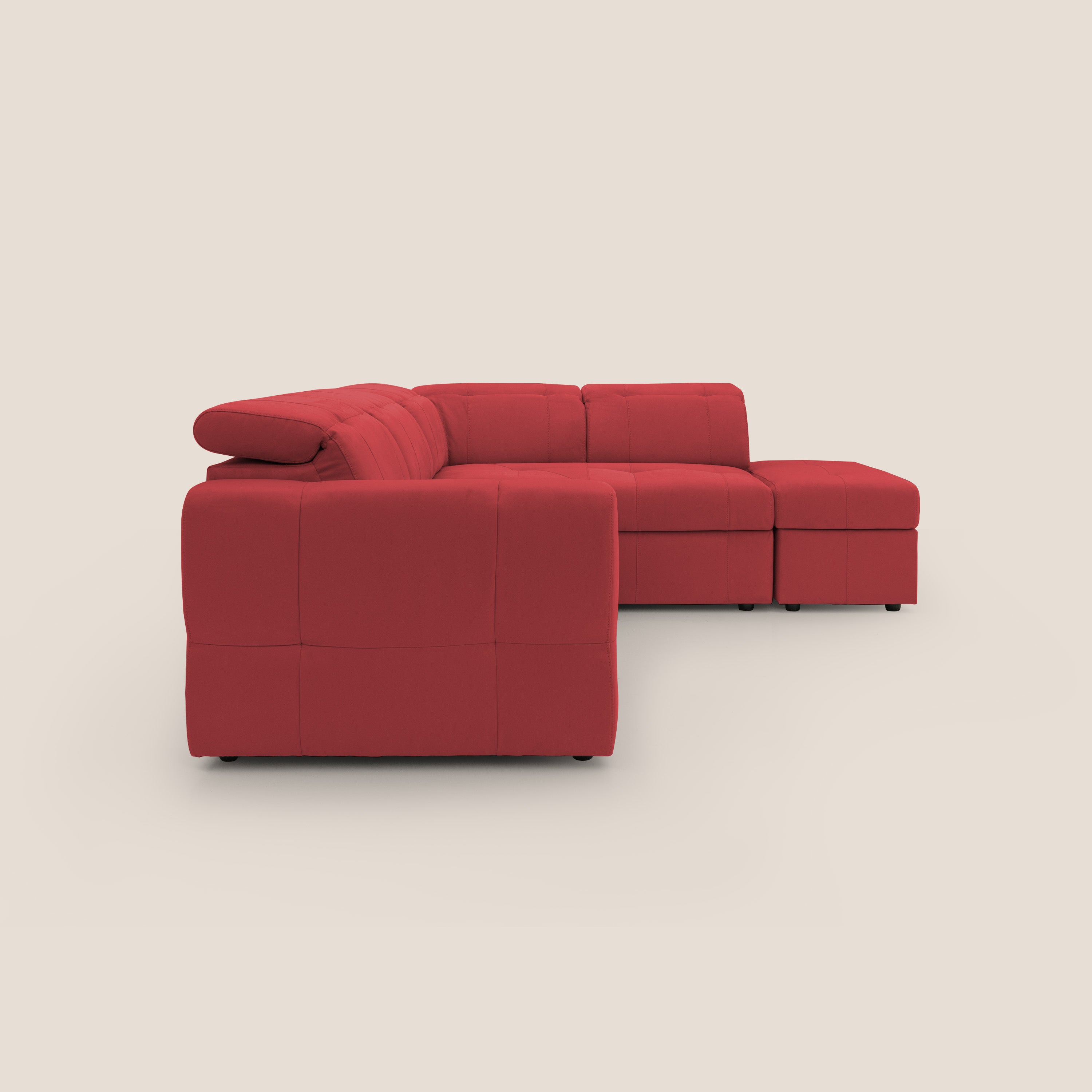 Kronos Divano angolare con poggiapiedi estraibile e pouf contenitore mobile in microfibra impermeabile T11 rosso - divani.store