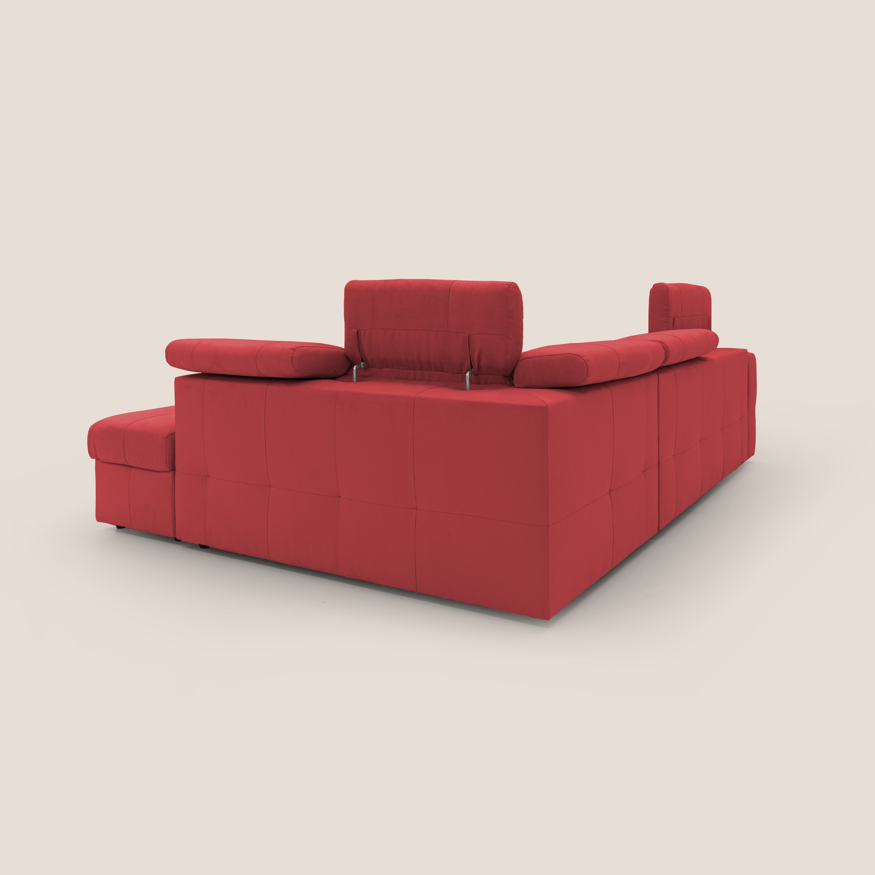 Kronos Divano angolare con poggiapiedi estraibile e pouf contenitore mobile in microfibra impermeabile T11 rosso - divani.store