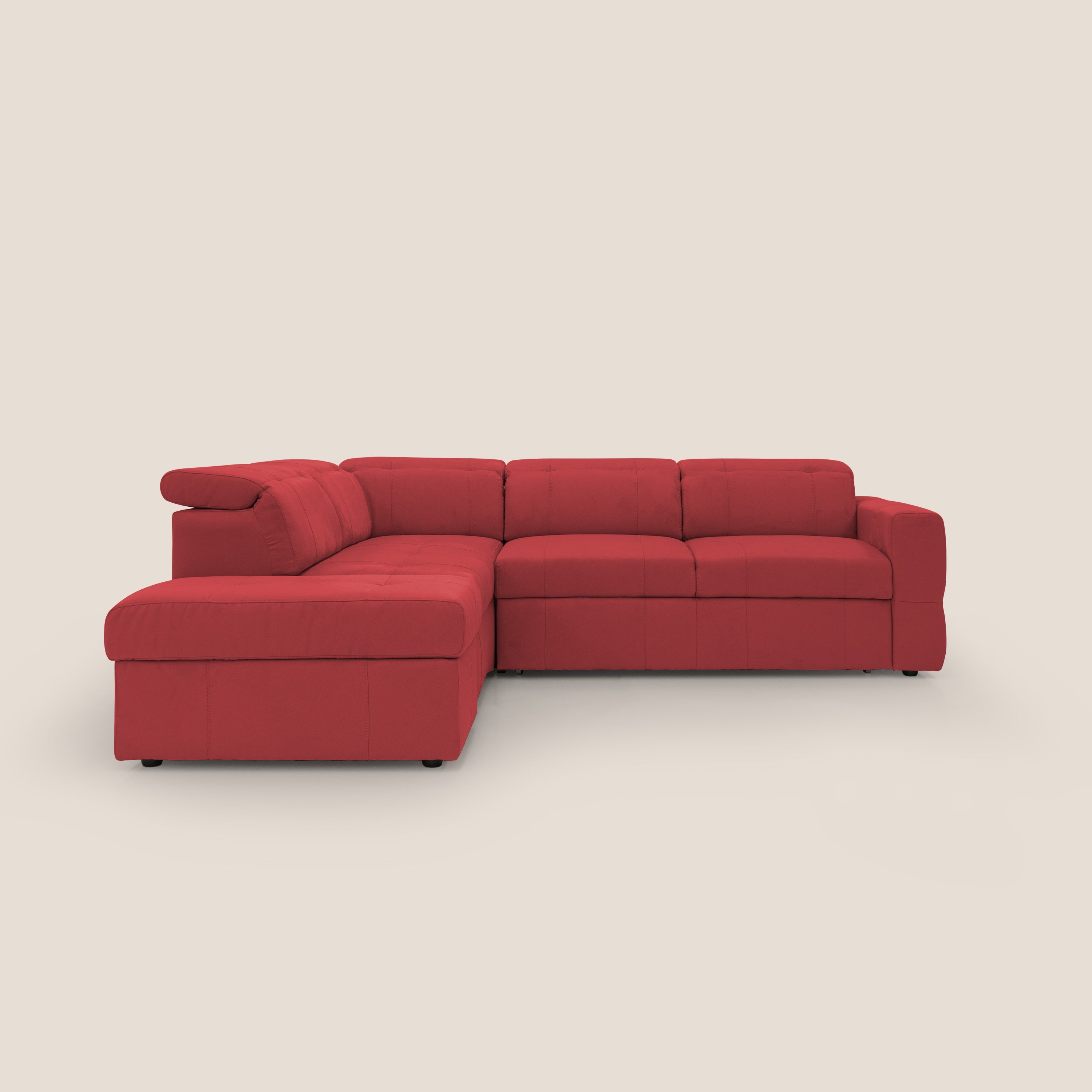 Kronos Divano angolare con poggiapiedi estraibile e pouf contenitore mobile in microfibra impermeabile T11 rosso - divani.store