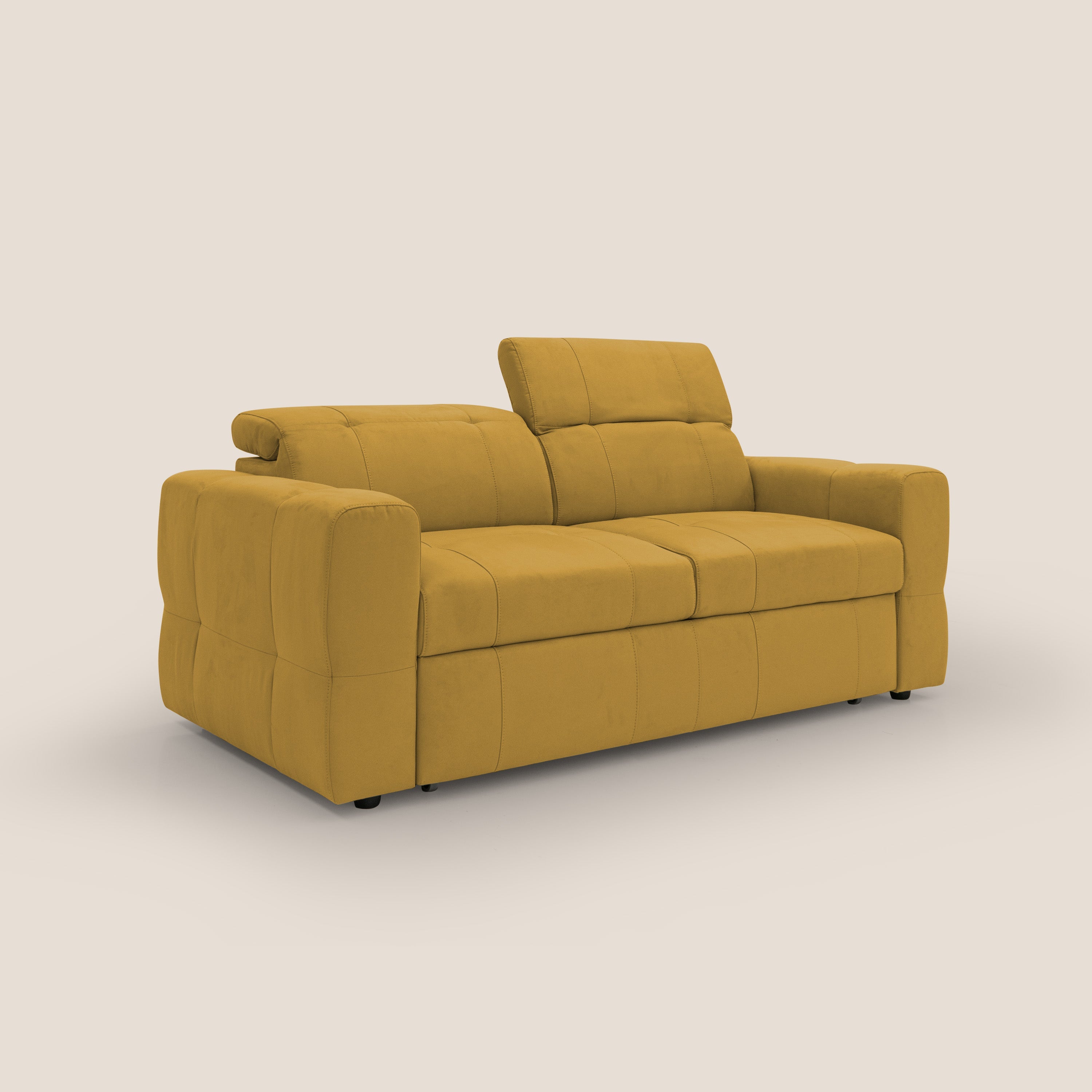 Kronos Divano con pouf estraibile poggiapiedi e poggiatesta reclinabili in morbida microfibra impermeabile T11 giallo - divani.store