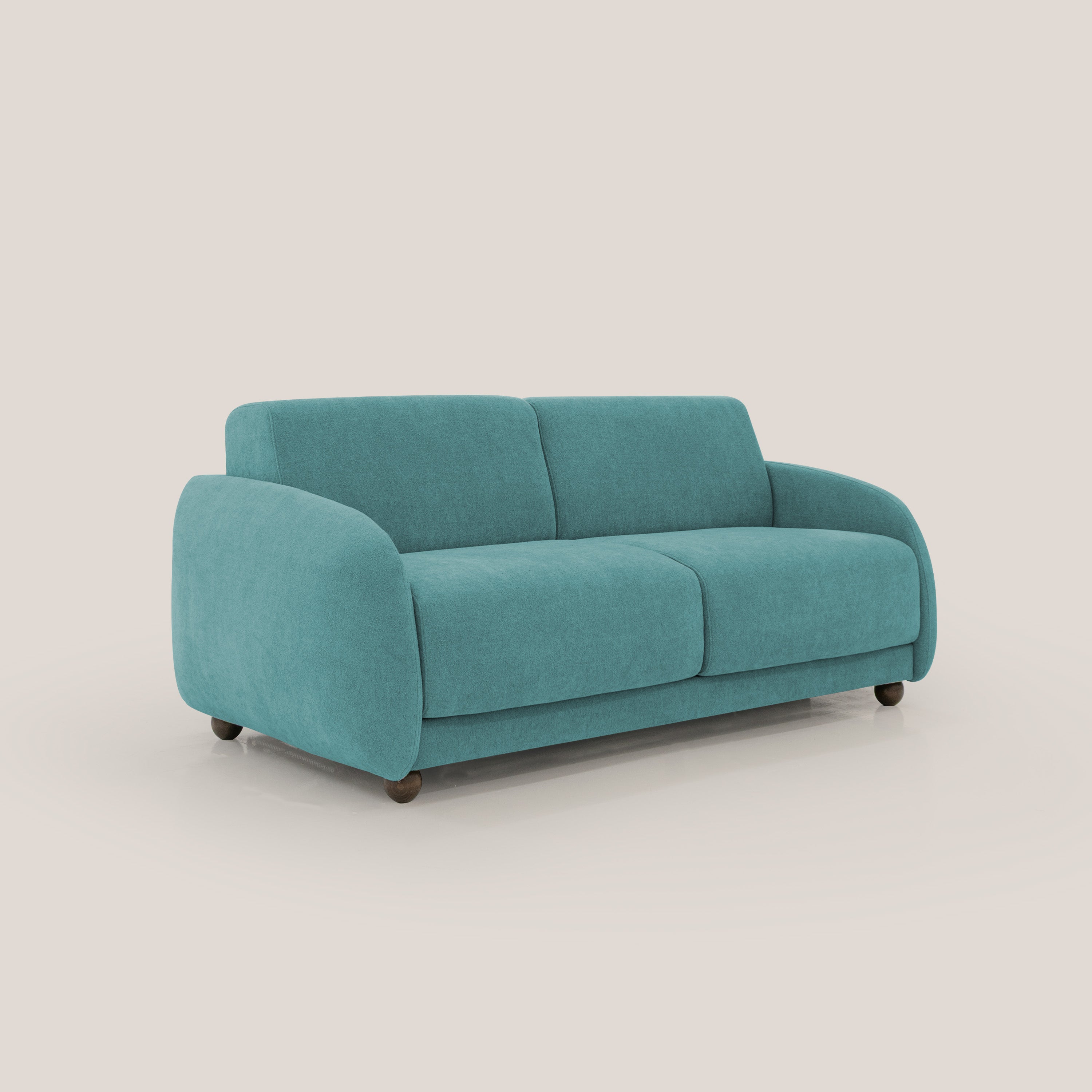 Giglio divano letto scandinavo japandi con materasso H18 cm in tessuto Bouclé impermeabile T07 azzurro - divani.store