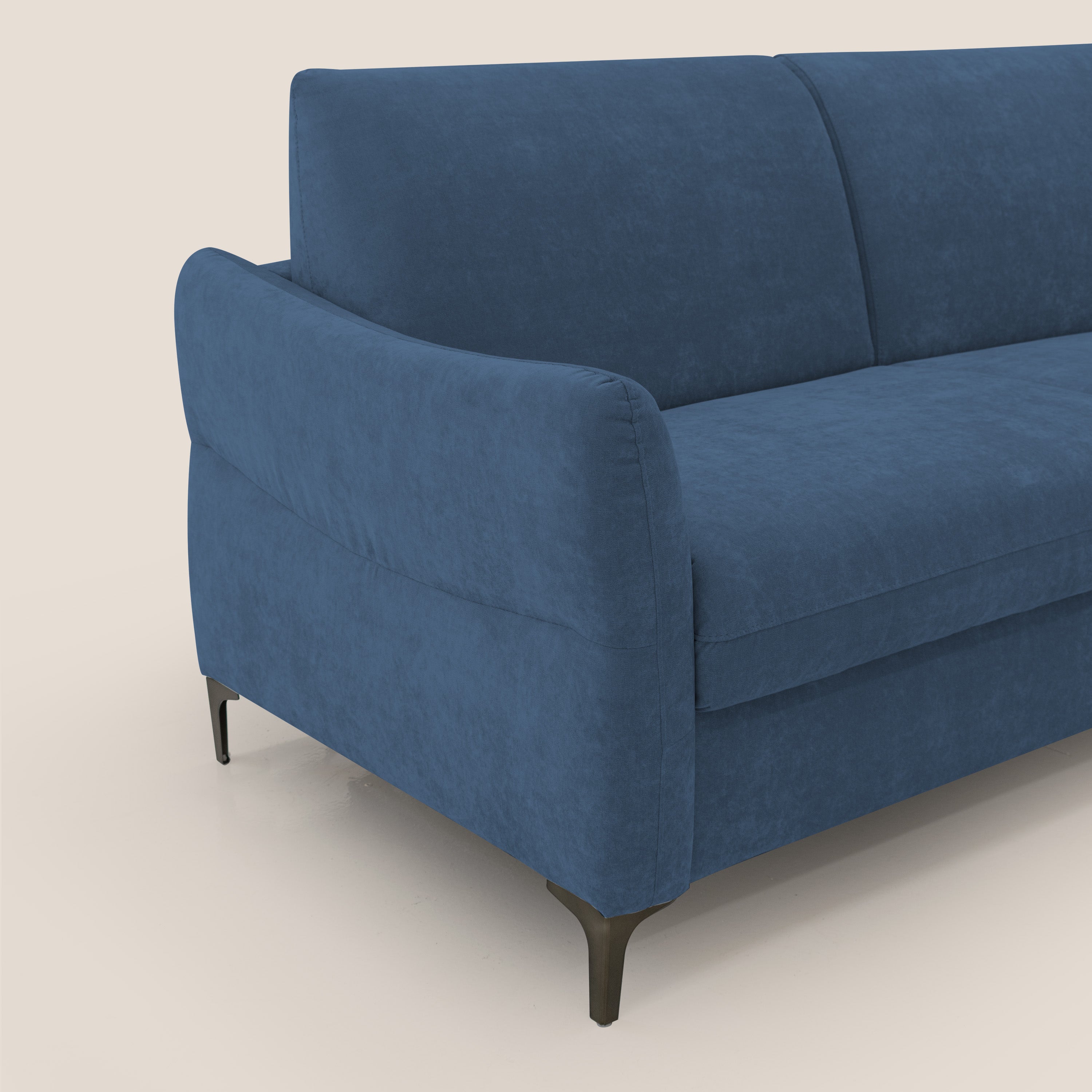 Dalia divano letto con materasso H18 cm e piedi alti in raffinato tessuto smacchiabile T17 blu - divani.store