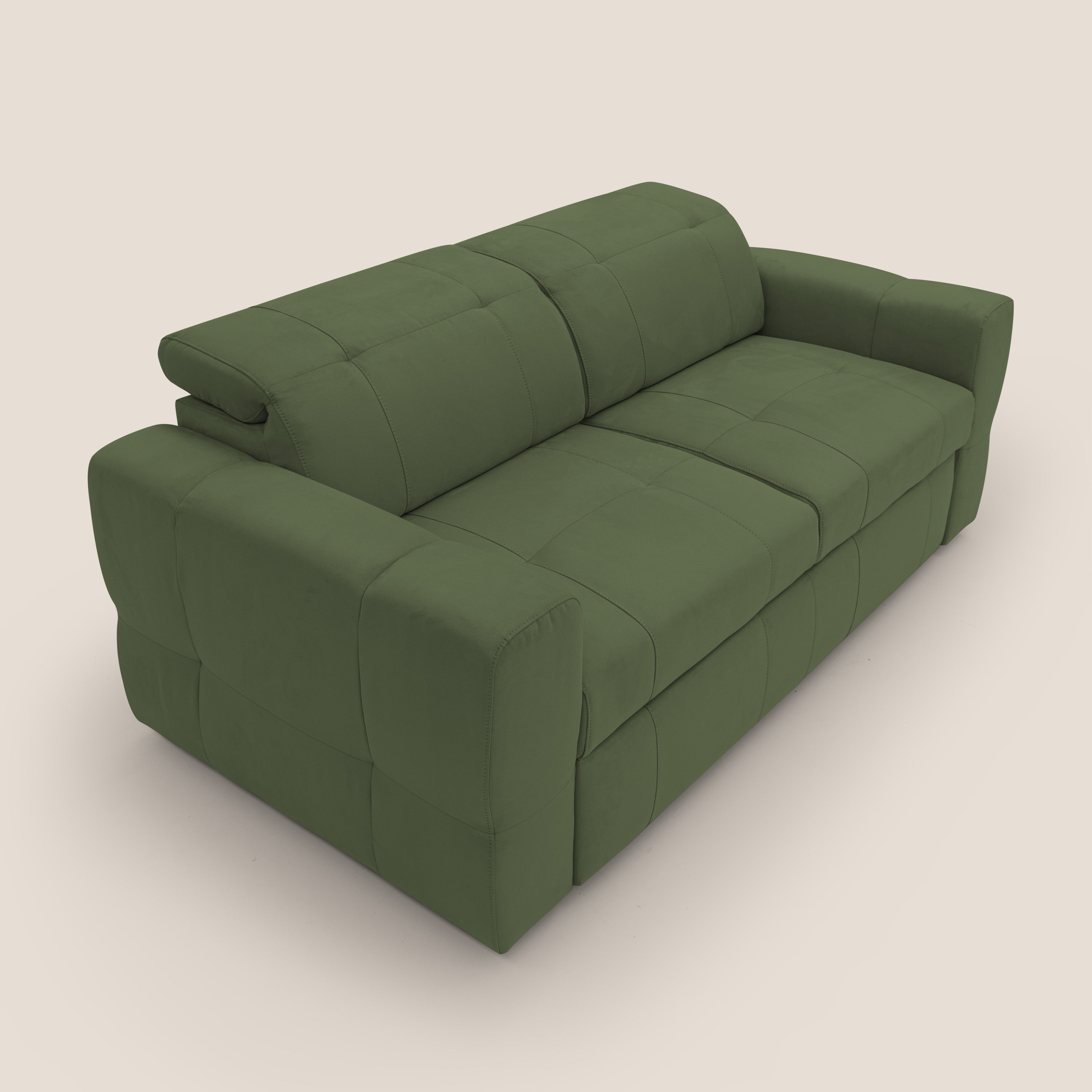 Kronos Divano con pouf estraibile poggiapiedi e poggiatesta reclinabili in morbida microfibra impermeabile T11 verde - divani.store