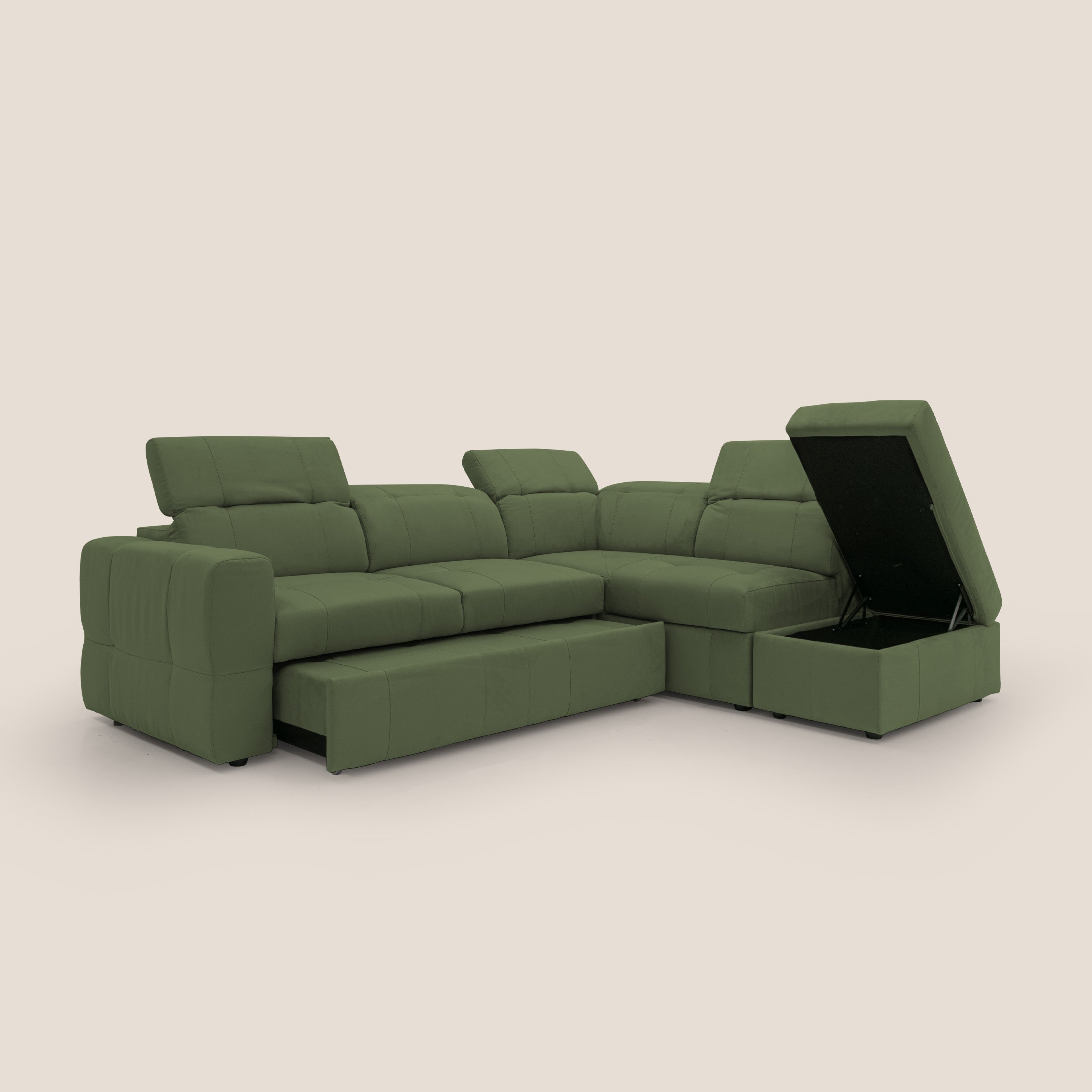 Kronos Divano angolare con poggiapiedi estraibile e pouf contenitore mobile in microfibra impermeabile T11 verde - divani.store