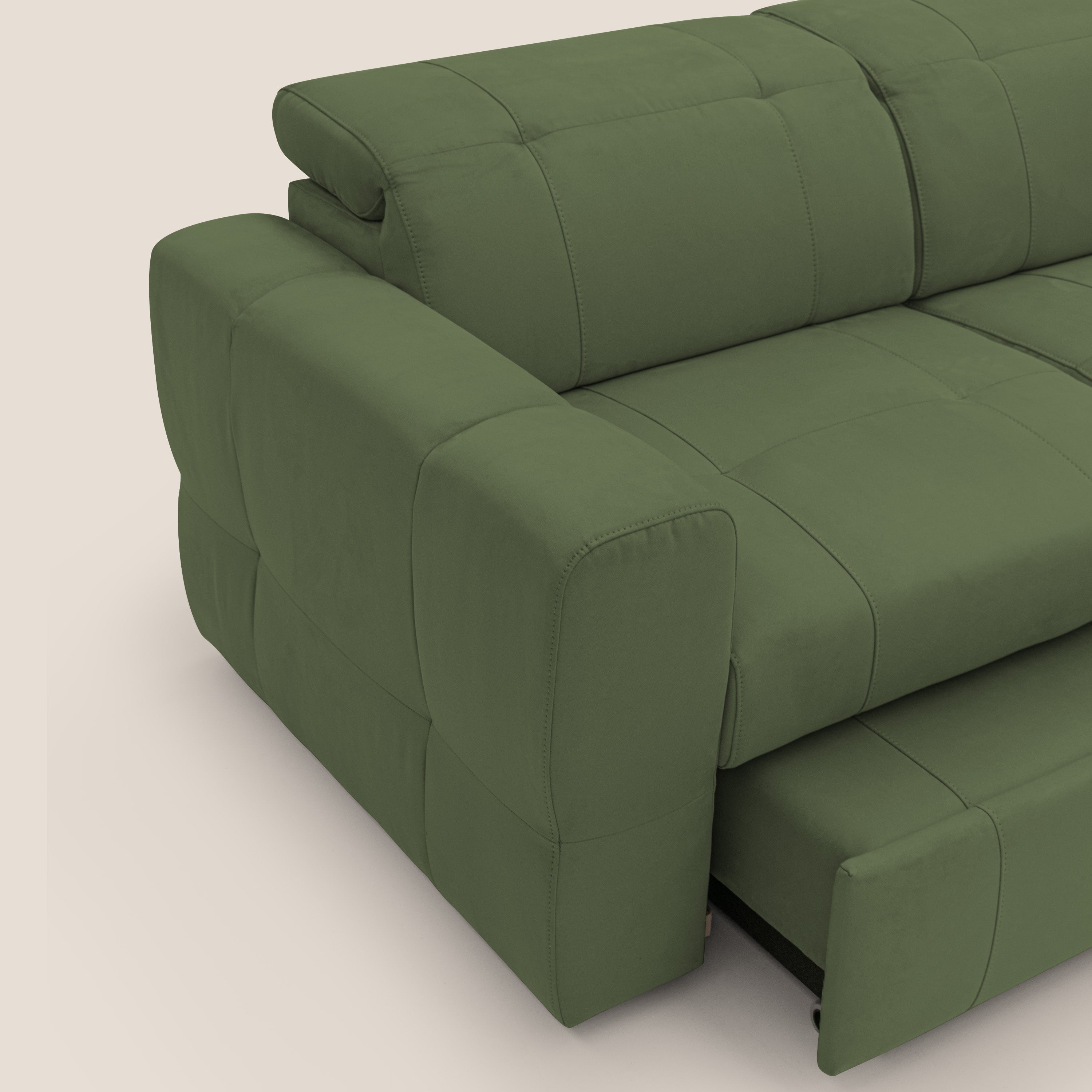 Kronos Divano angolare con poggiapiedi estraibile e pouf contenitore mobile in microfibra impermeabile T11 verde - divani.store