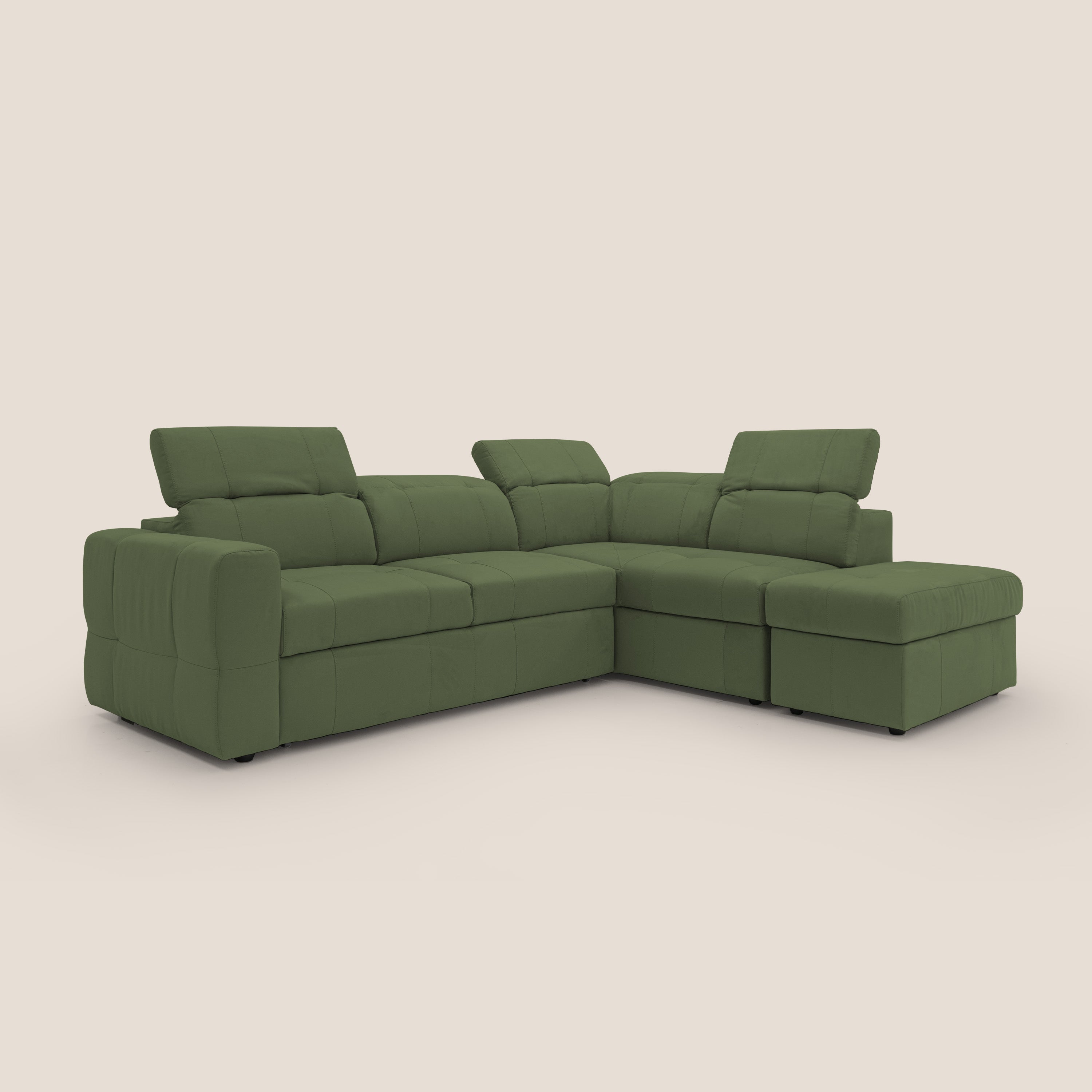 Kronos Divano angolare con poggiapiedi estraibile e pouf contenitore mobile in microfibra impermeabile T11 verde - divani.store