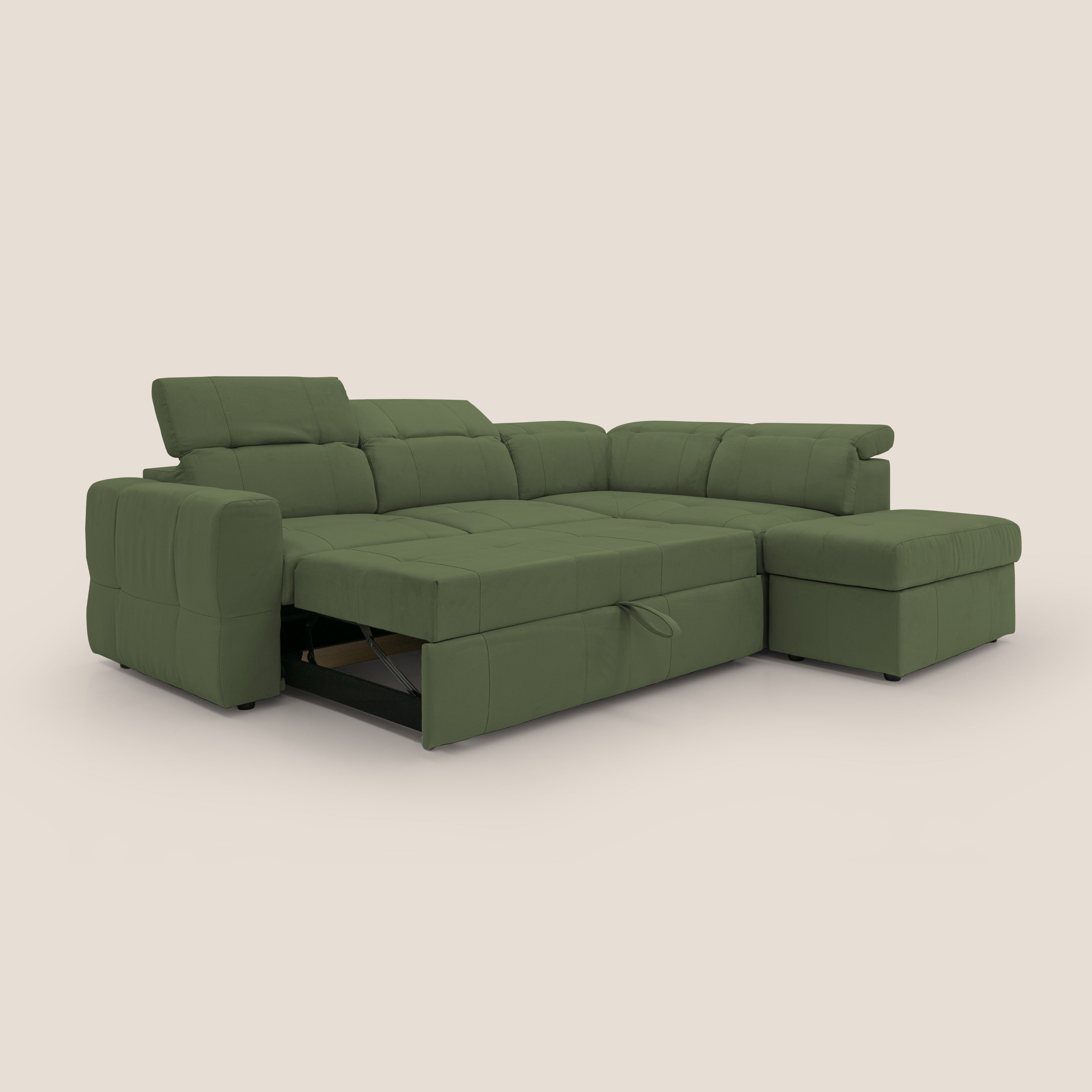 Kronos Divano angolare con poggiapiedi estraibile e pouf contenitore mobile in microfibra impermeabile T11 verde - divani.store