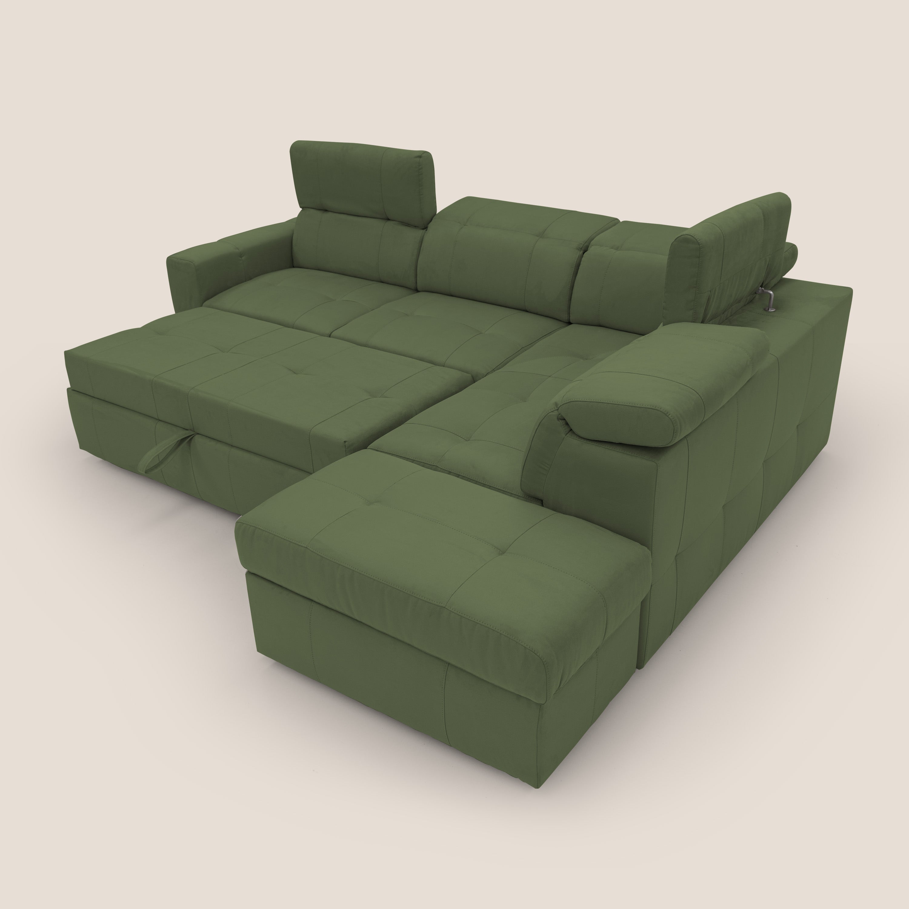 Kronos Divano angolare con poggiapiedi estraibile e pouf contenitore mobile in microfibra impermeabile T11 verde - divani.store