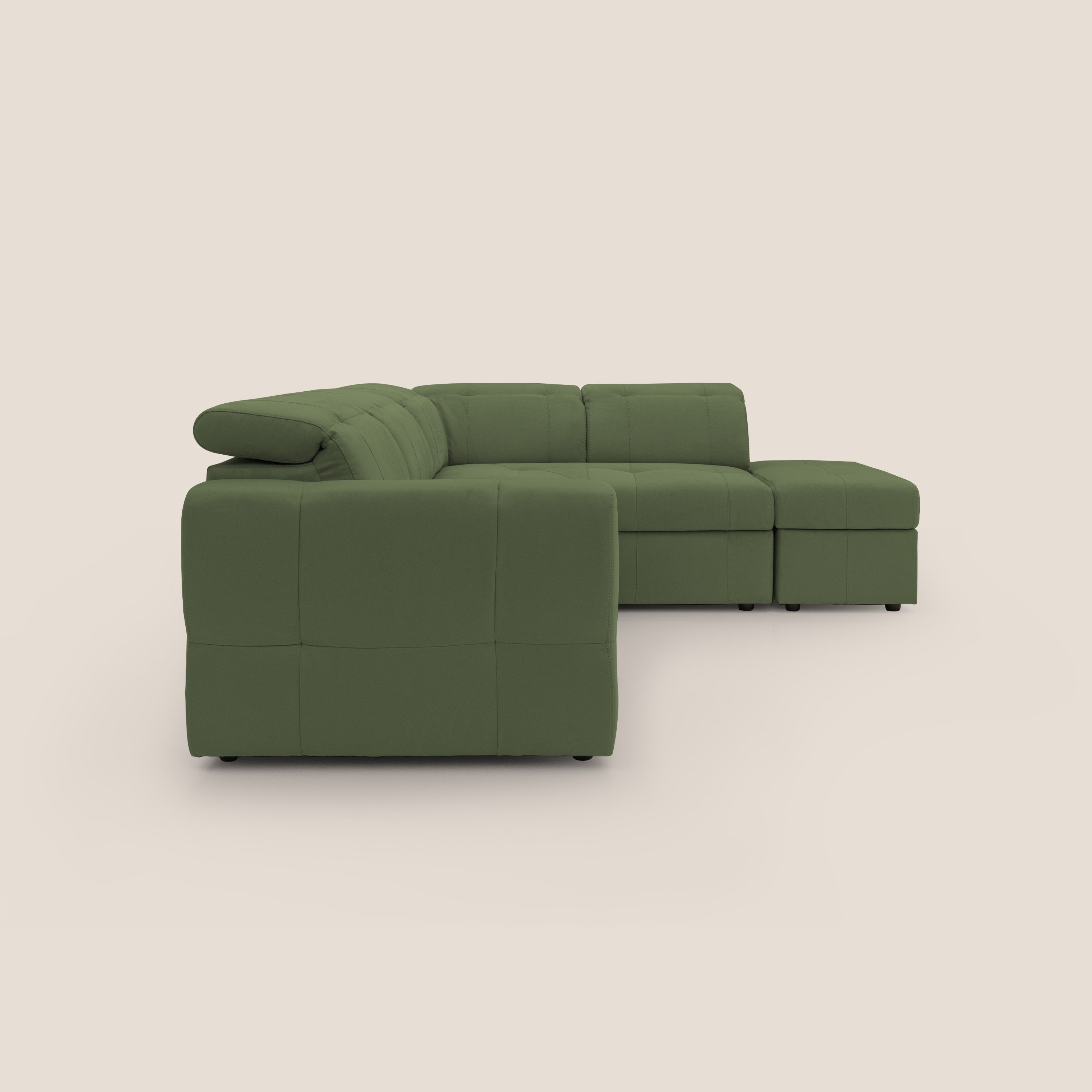 Kronos Divano angolare con poggiapiedi estraibile e pouf contenitore mobile in microfibra impermeabile T11 verde - divani.store