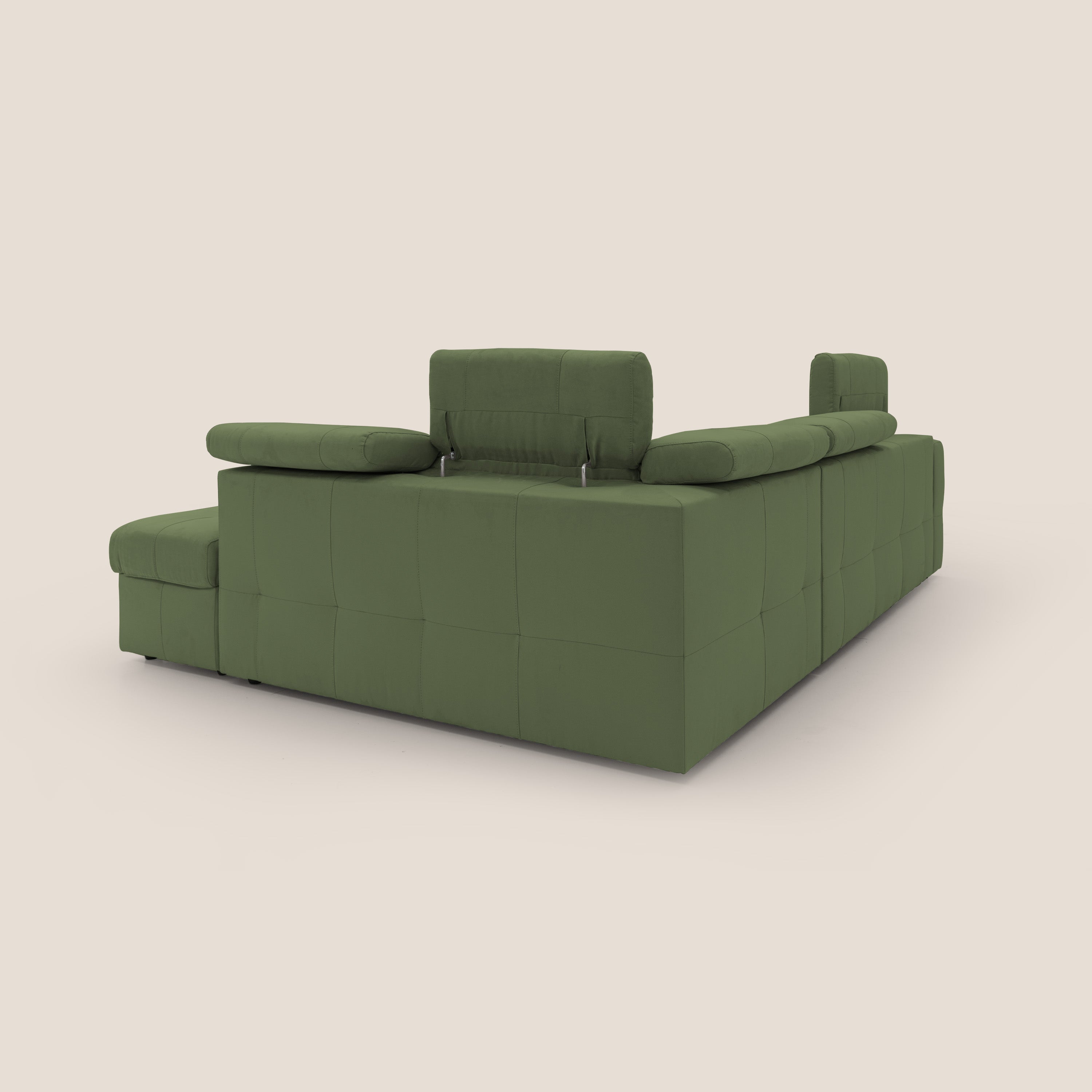 Kronos Divano angolare con poggiapiedi estraibile e pouf contenitore mobile in microfibra impermeabile T11 verde - divani.store