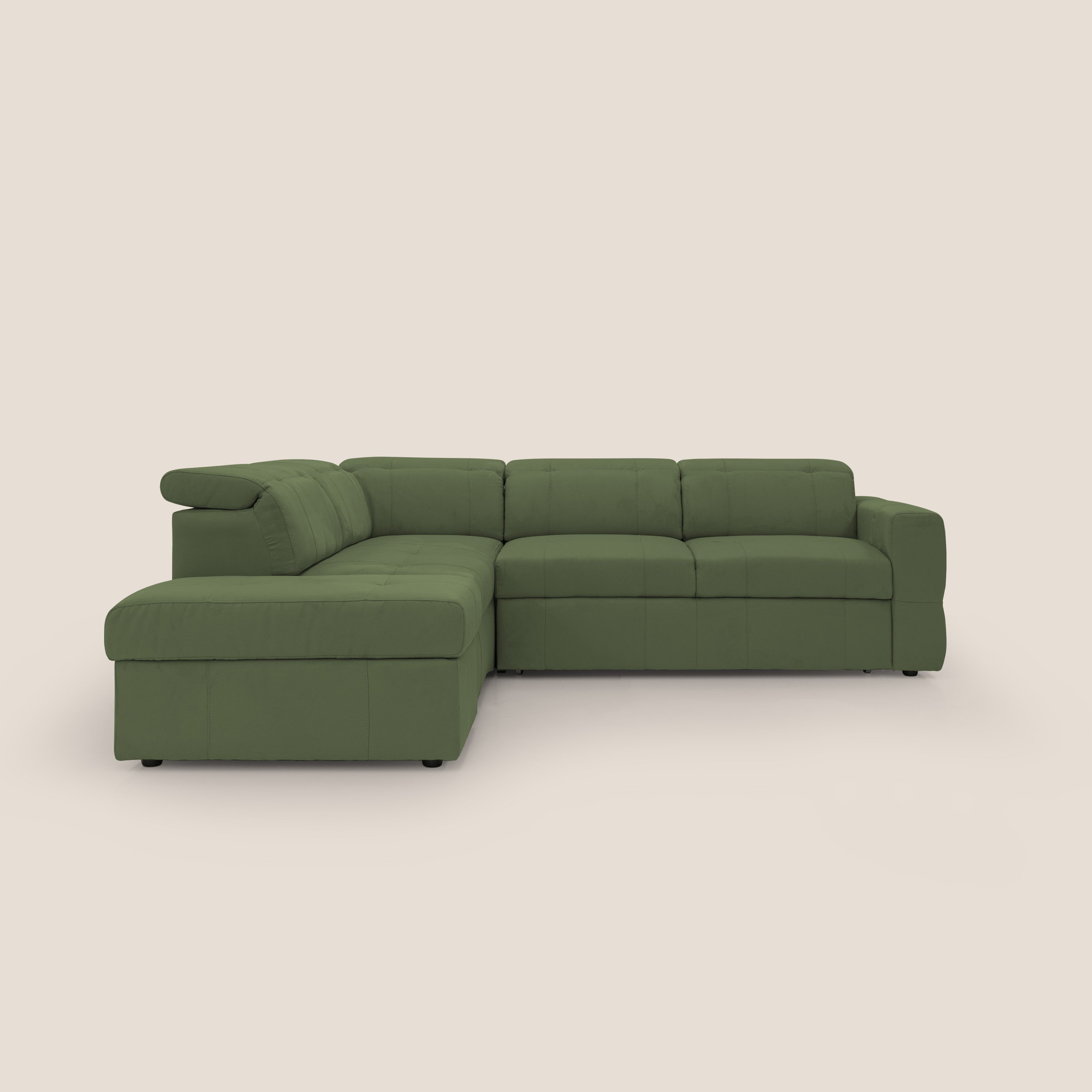 Kronos Divano angolare con poggiapiedi estraibile e pouf contenitore mobile in microfibra impermeabile T11 verde - divani.store