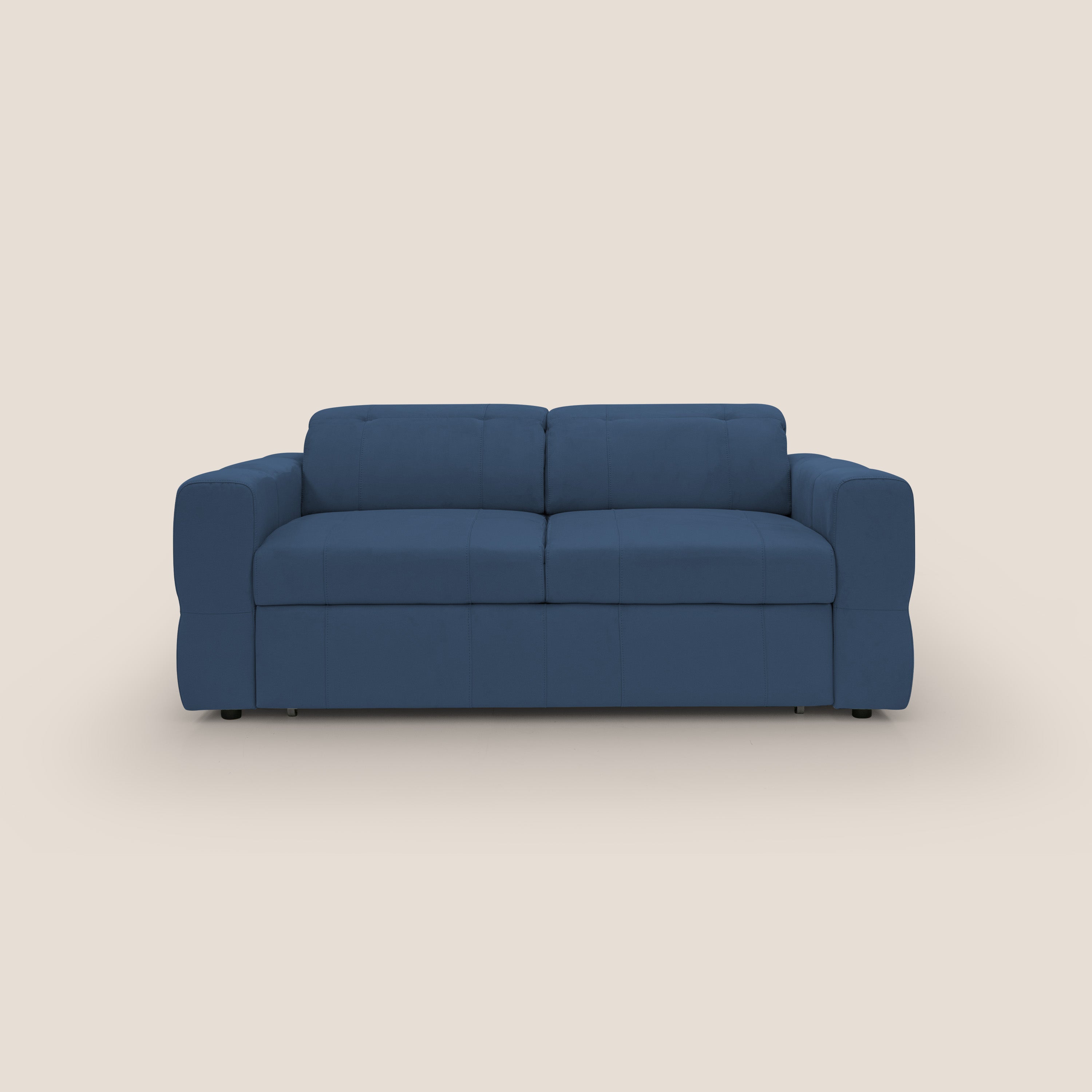 Kronos Divano con pouf estraibile poggiapiedi e poggiatesta reclinabili in morbida microfibra impermeabile T11 blu - divani.store