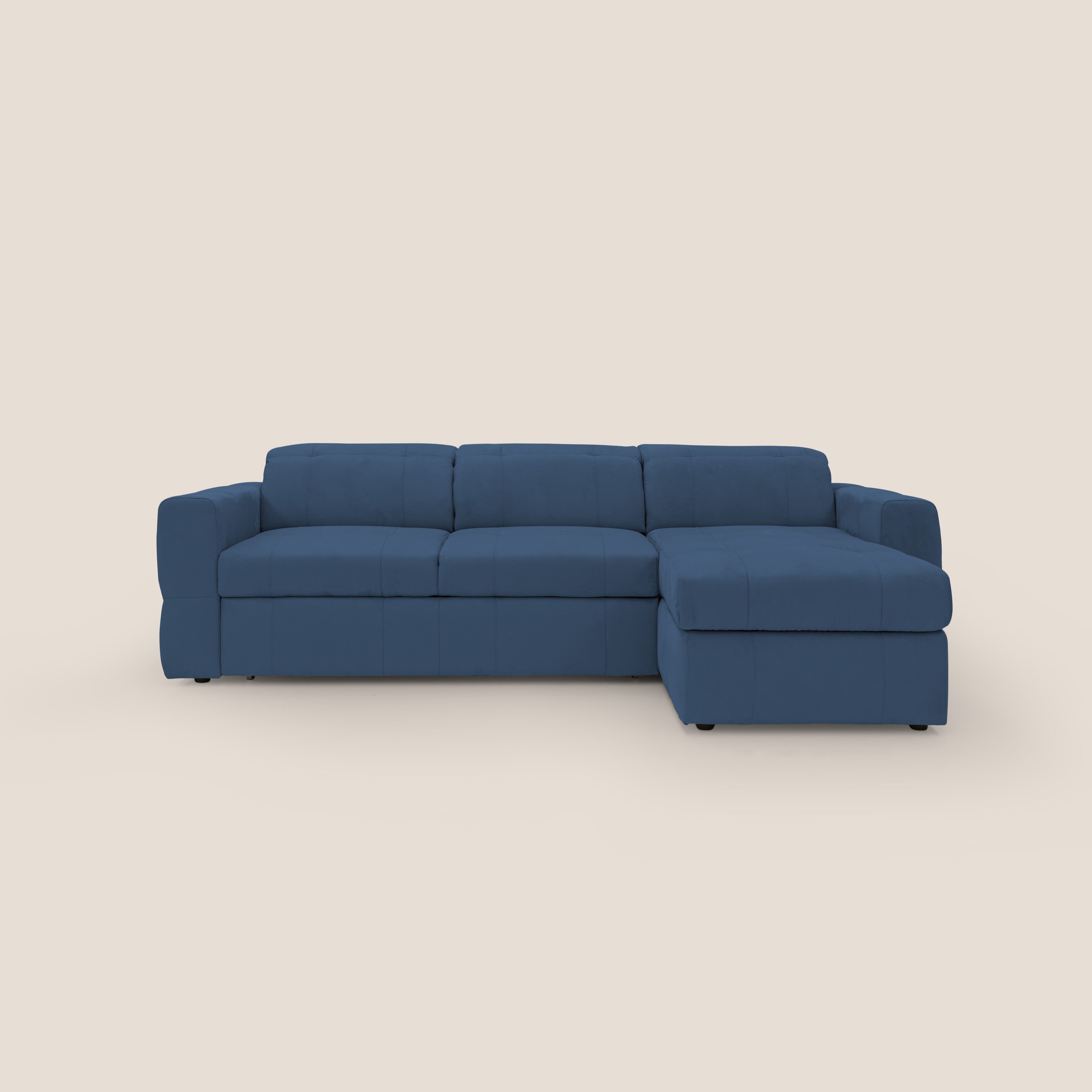 Kronos Divano angolare con pouf estraibile e penisola contenitore in microfibra impermeabile T11 blu - divani.store