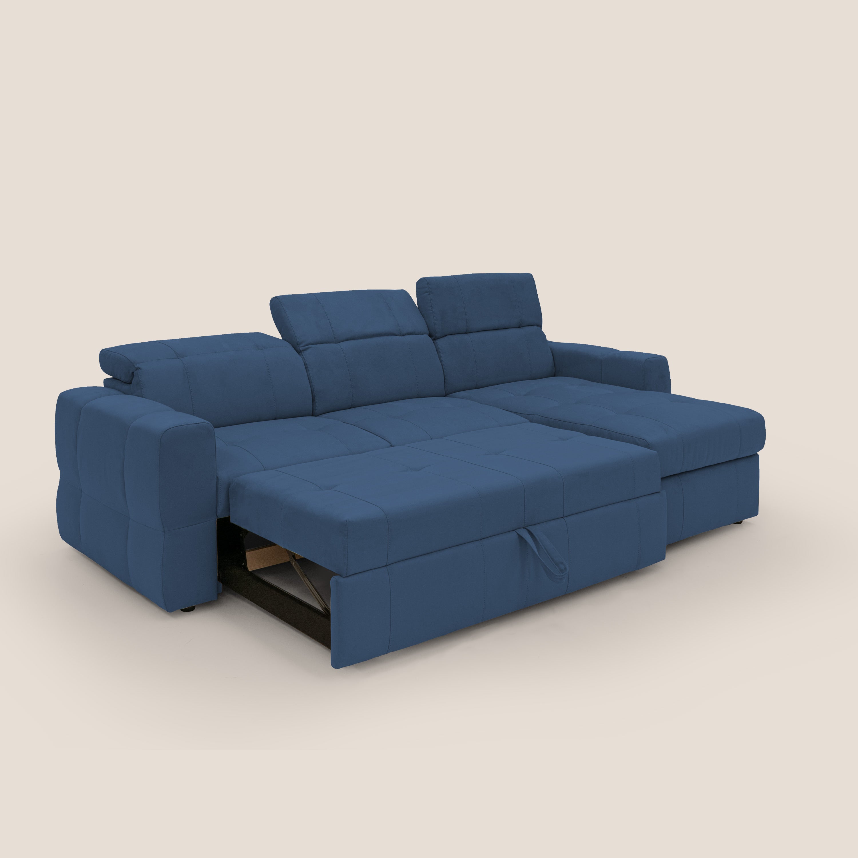 Kronos Divano angolare con pouf estraibile e penisola contenitore in microfibra impermeabile T11 blu - divani.store