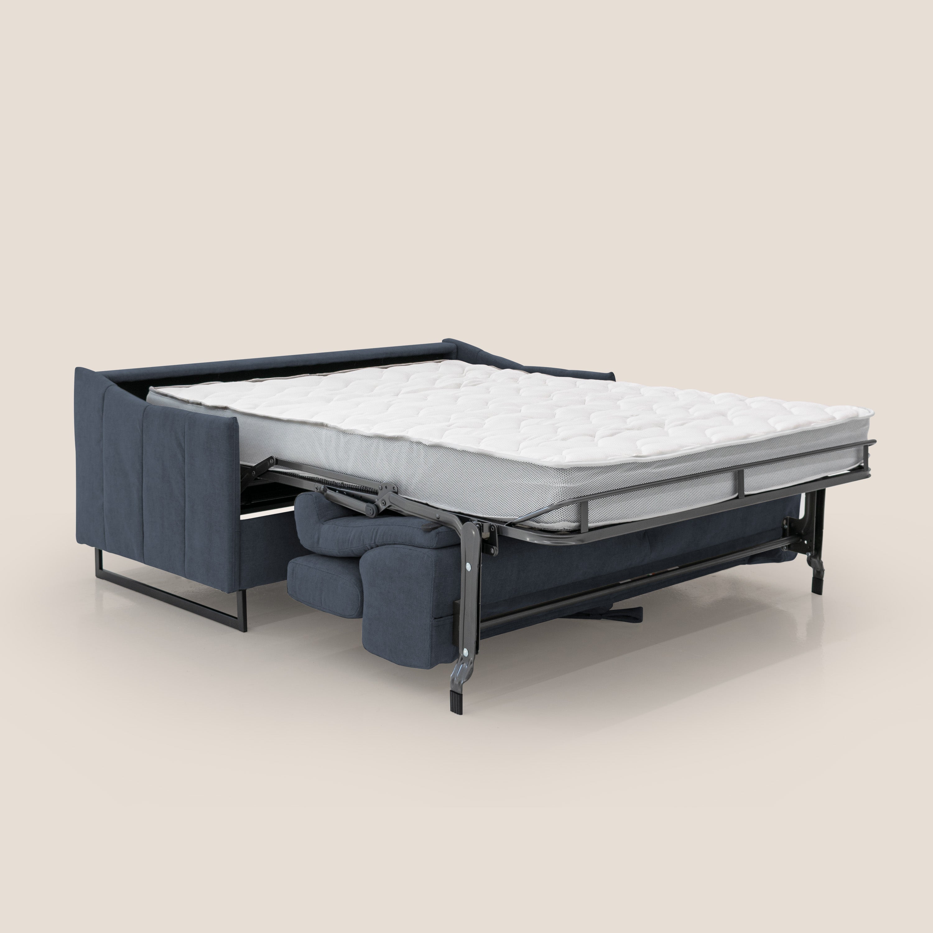 Loto divano letto salvaspazio materasso H18 cm con piedi alti in morbido tessuto impermeabile T14 blu - divani.store