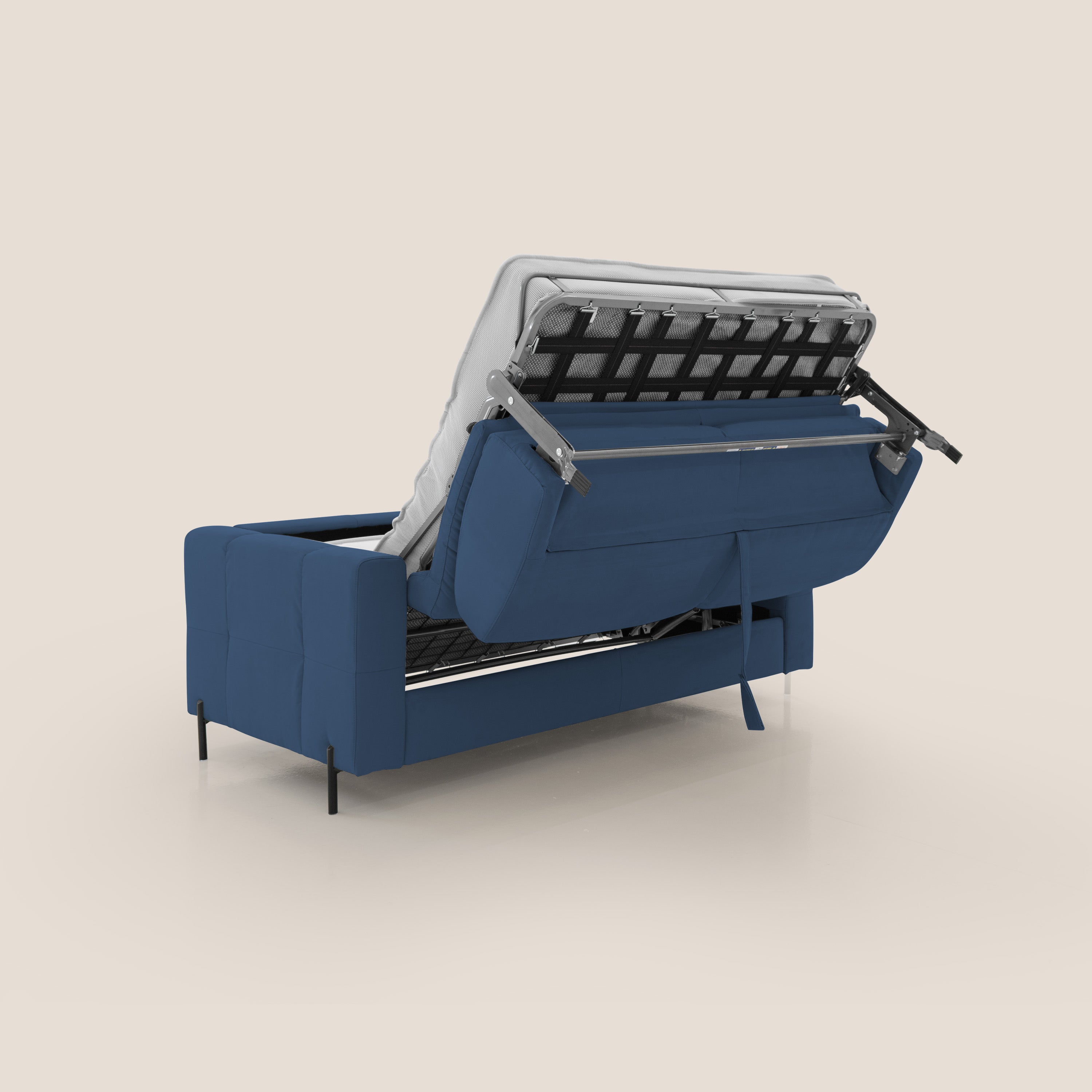 Ortensia divano letto materasso H18 cm con piedi alti in elegante microfibra smacchiabile T11 blu - divani.store