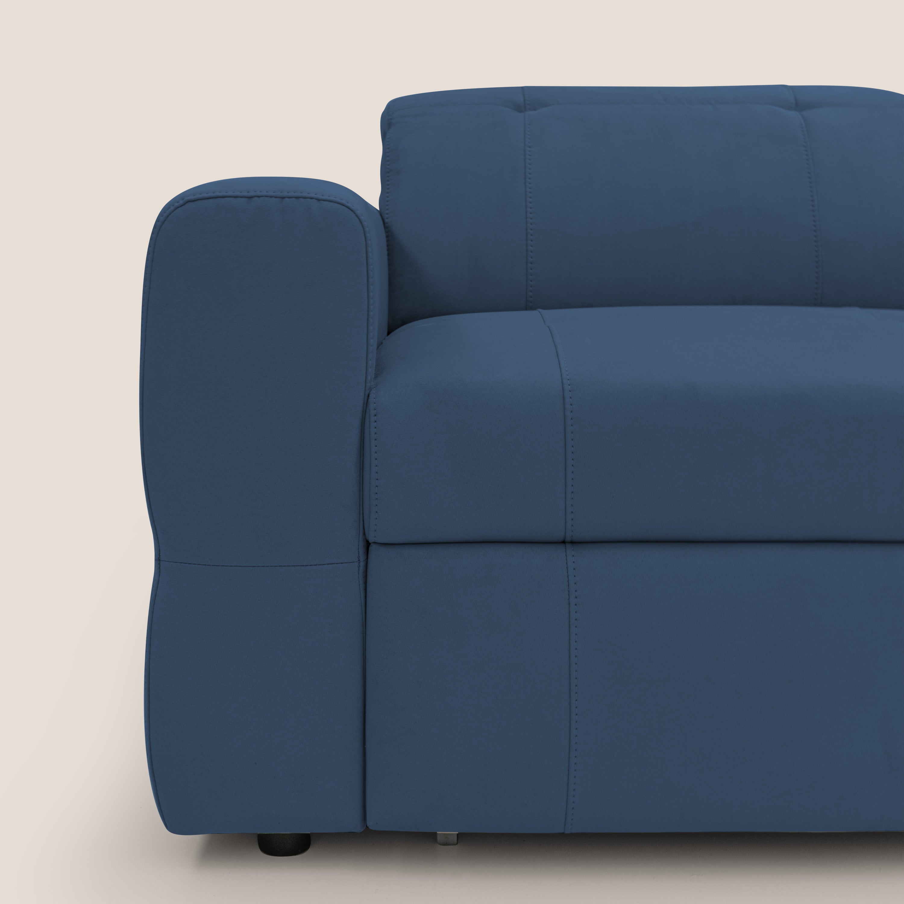 Kronos Divano angolare con pouf estraibile e penisola contenitore in microfibra impermeabile T11 blu - divani.store