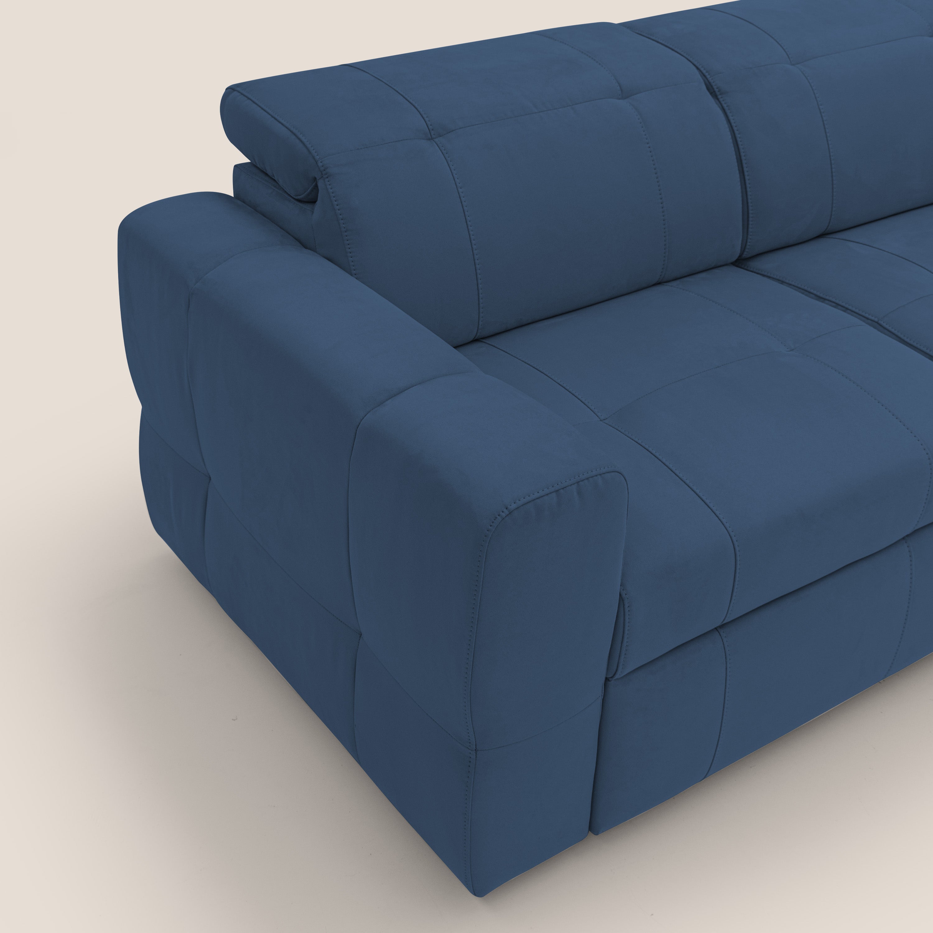 Kronos Divano angolare con pouf estraibile e penisola contenitore in microfibra impermeabile T11 blu - divani.store