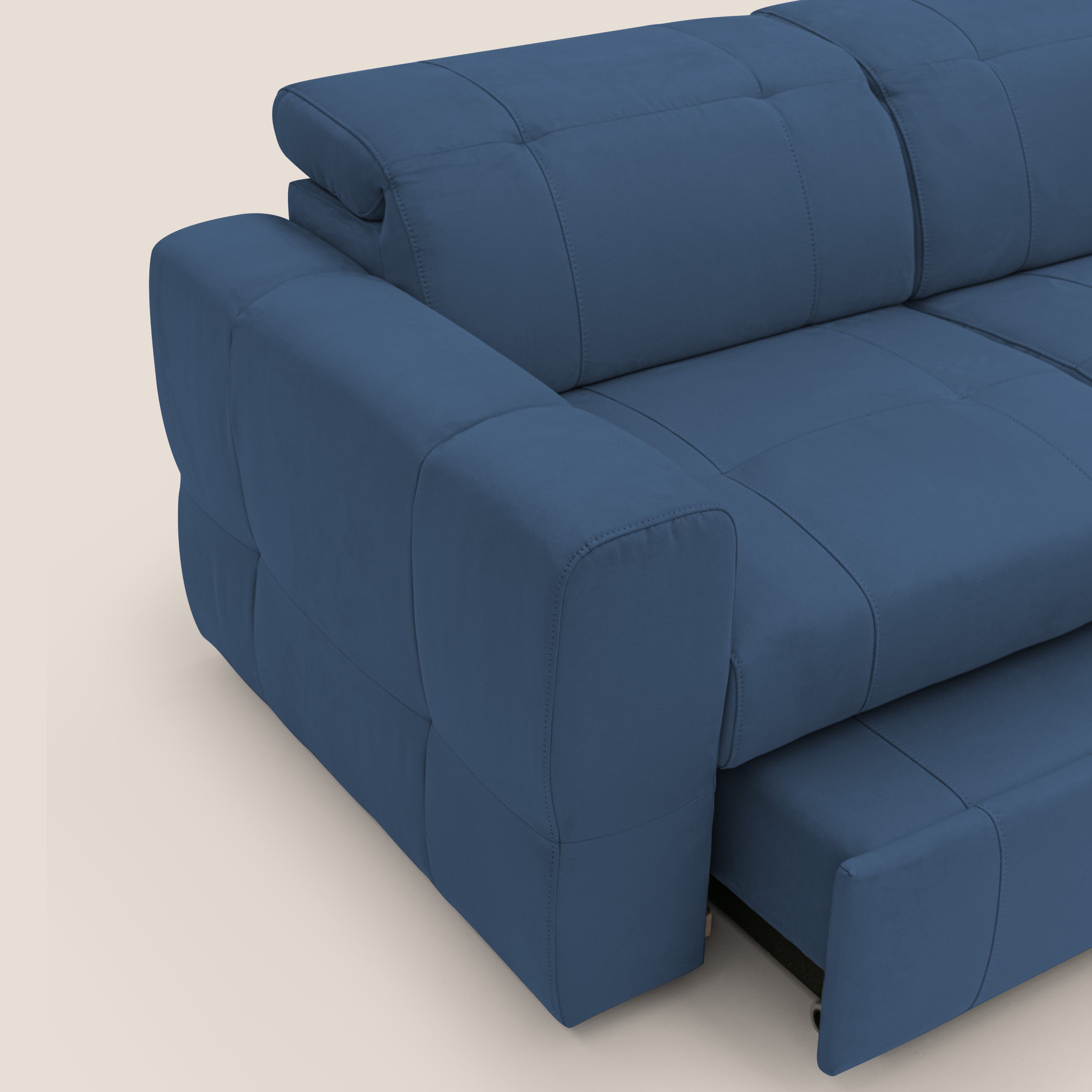 Kronos Divano angolare con pouf estraibile e penisola contenitore in microfibra impermeabile T11 blu - divani.store