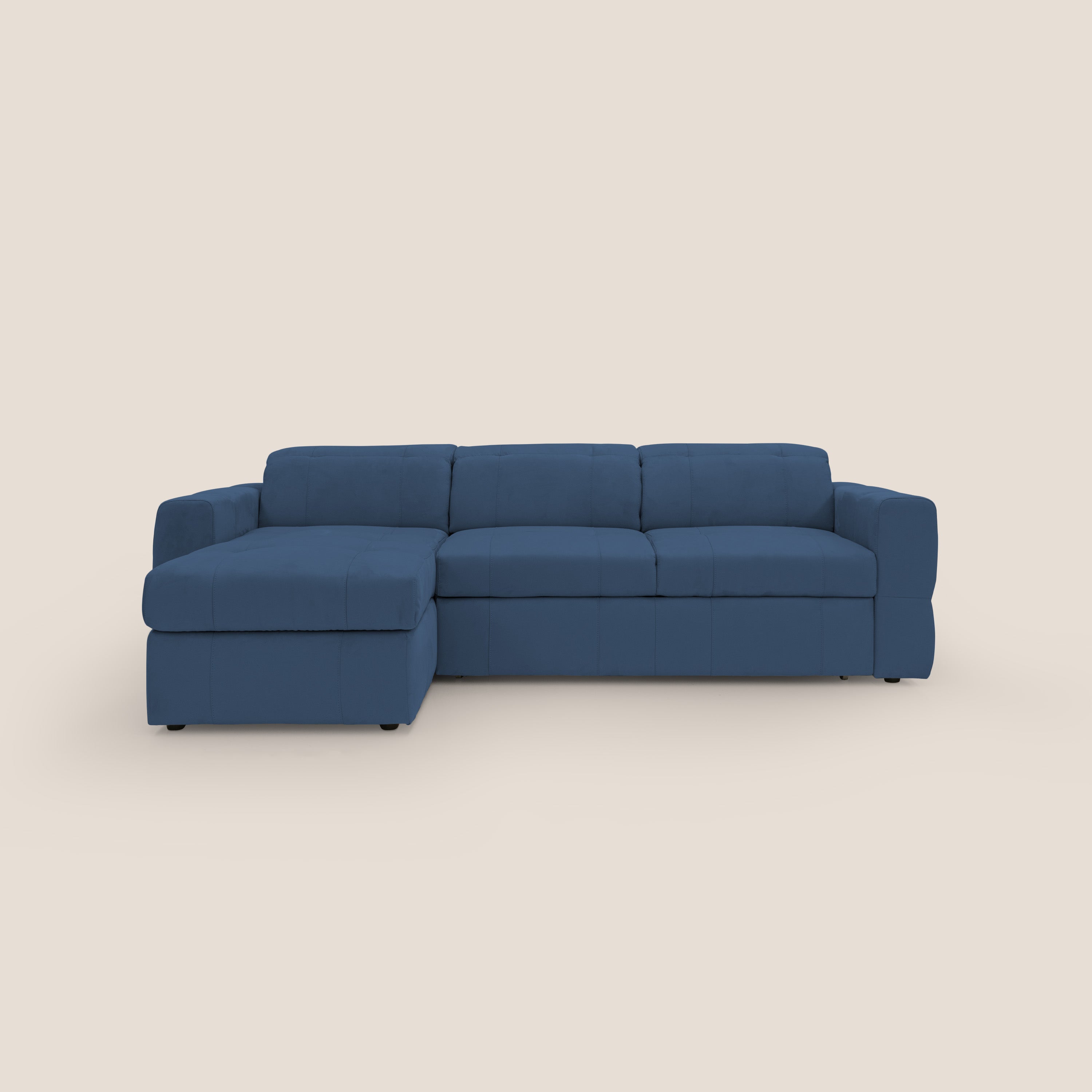 Kronos Divano angolare con pouf estraibile e penisola contenitore in microfibra impermeabile T11 blu - divani.store