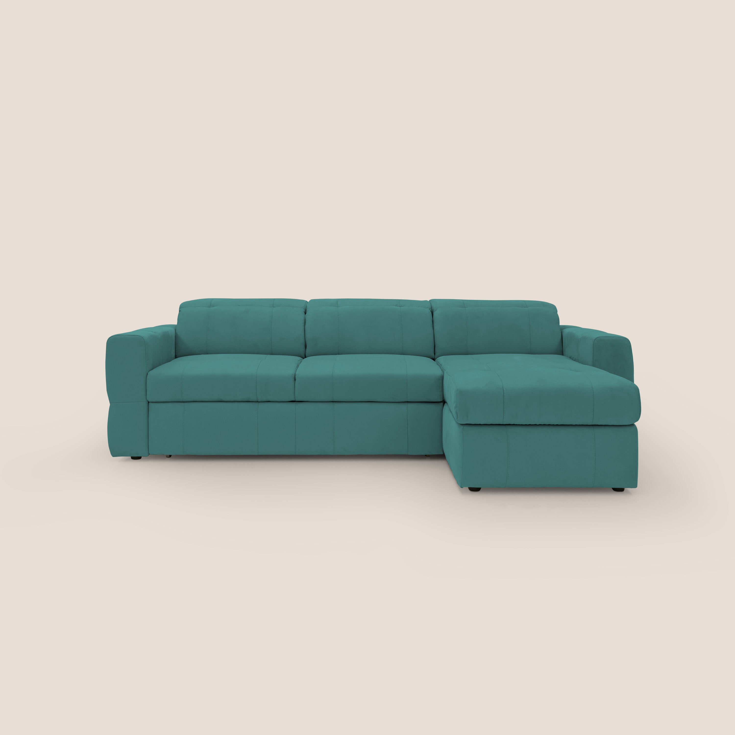 Kronos Divano angolare con pouf estraibile e penisola contenitore in microfibra impermeabile T11 petrolio - divani.store