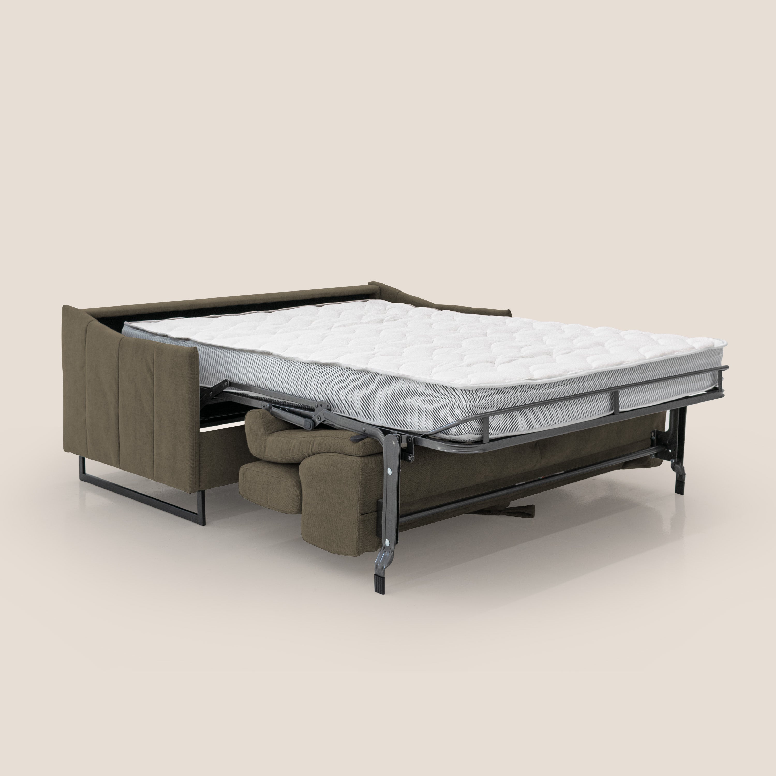 Loto divano letto salvaspazio materasso H18 cm con piedi alti in morbido tessuto impermeabile T14 marrone - divani.store