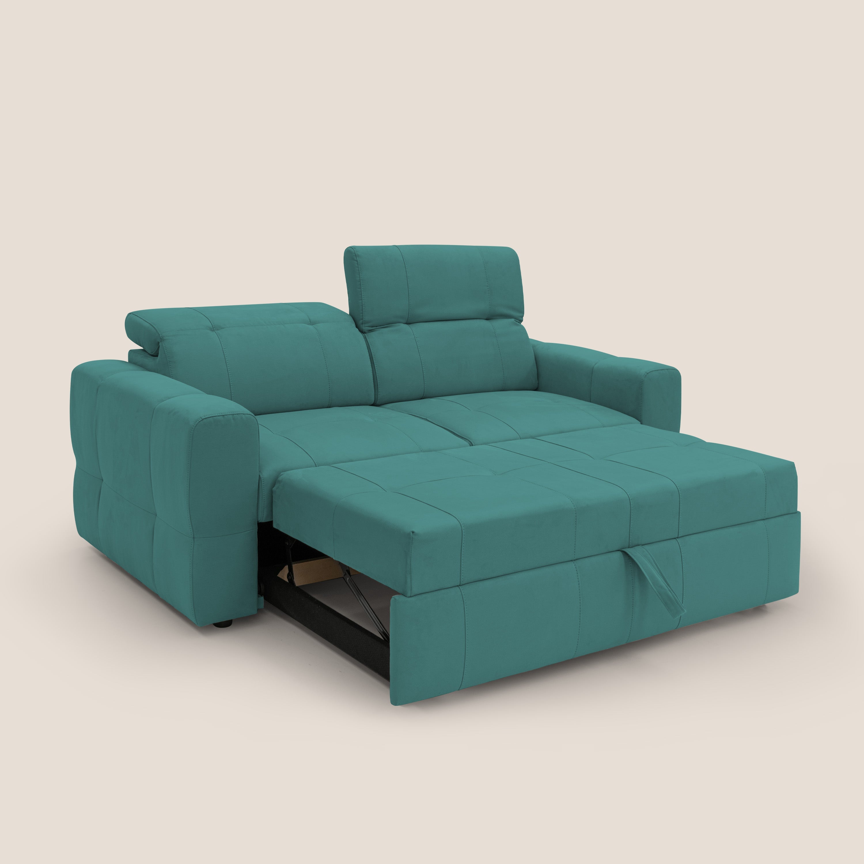 Kronos Divano con pouf estraibile poggiapiedi e poggiatesta reclinabili in morbida microfibra impermeabile T11 petrolio - divani.store