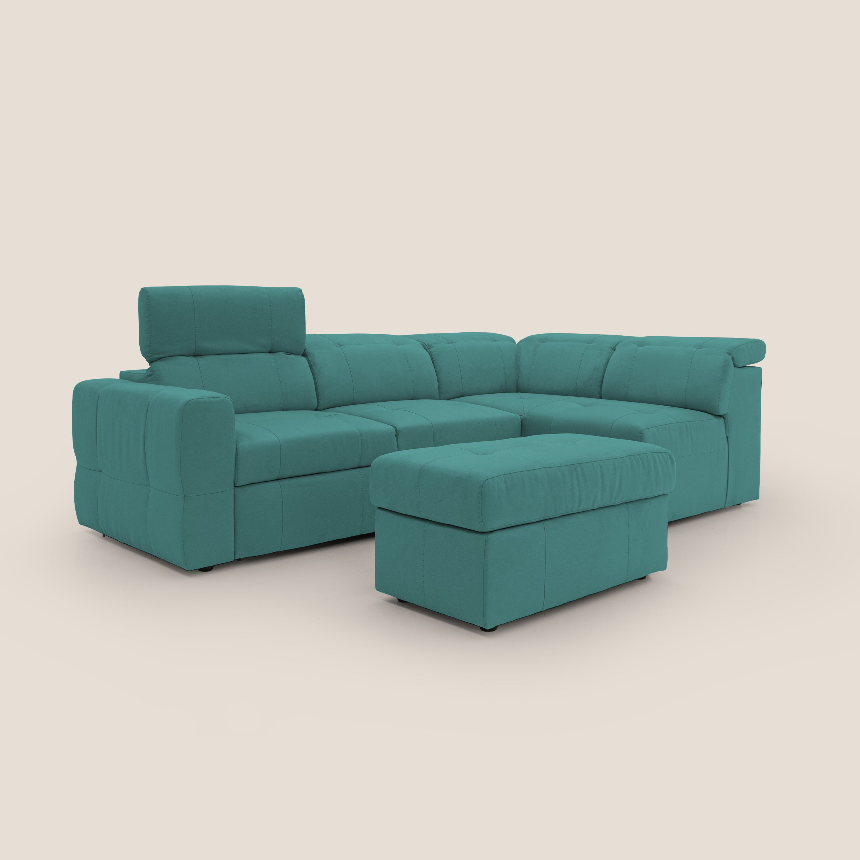 Kronos Divano angolare con poggiapiedi estraibile e pouf contenitore mobile in microfibra impermeabile T11 petrolio - divani.store