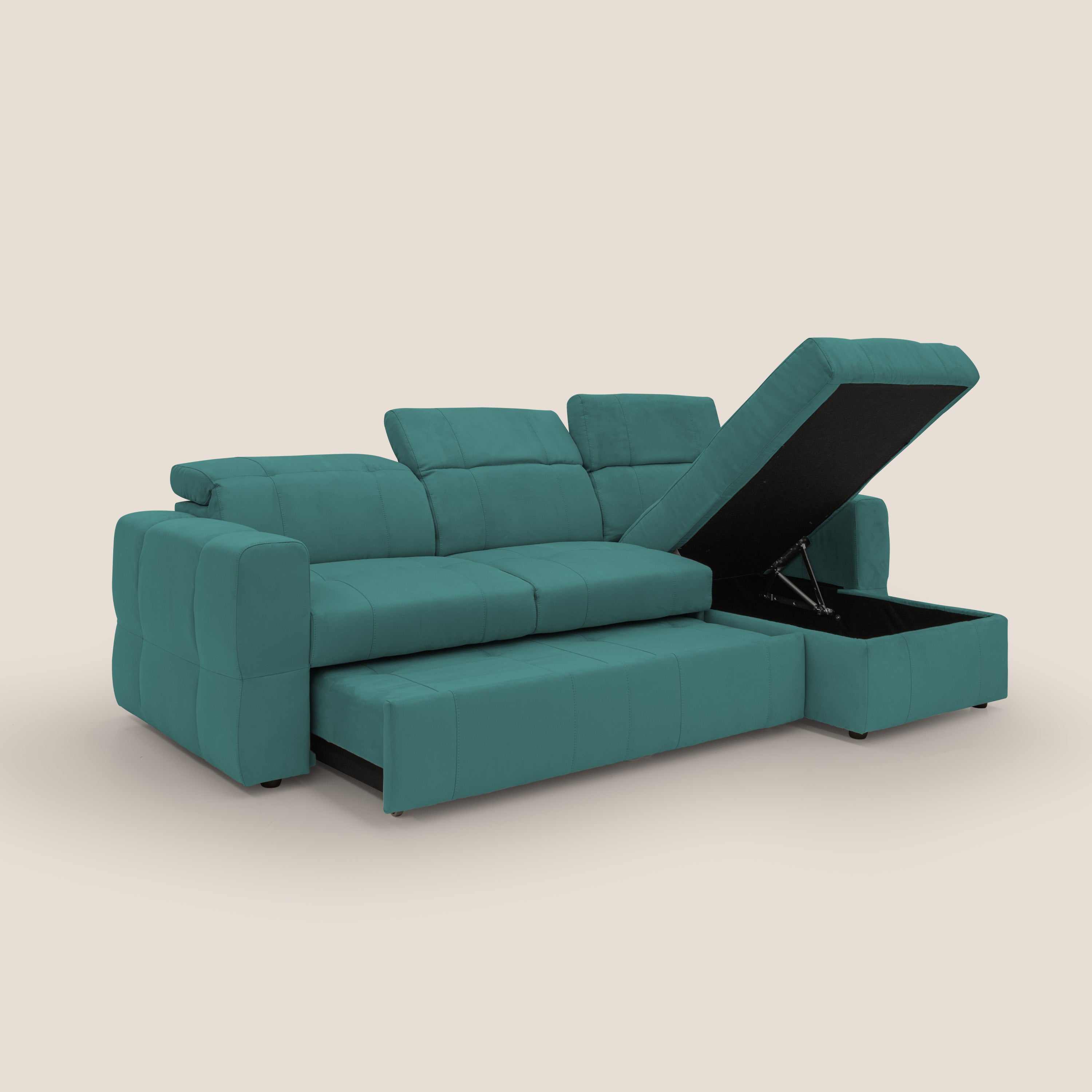 Kronos Divano angolare con pouf estraibile e penisola contenitore in microfibra impermeabile T11 petrolio - divani.store