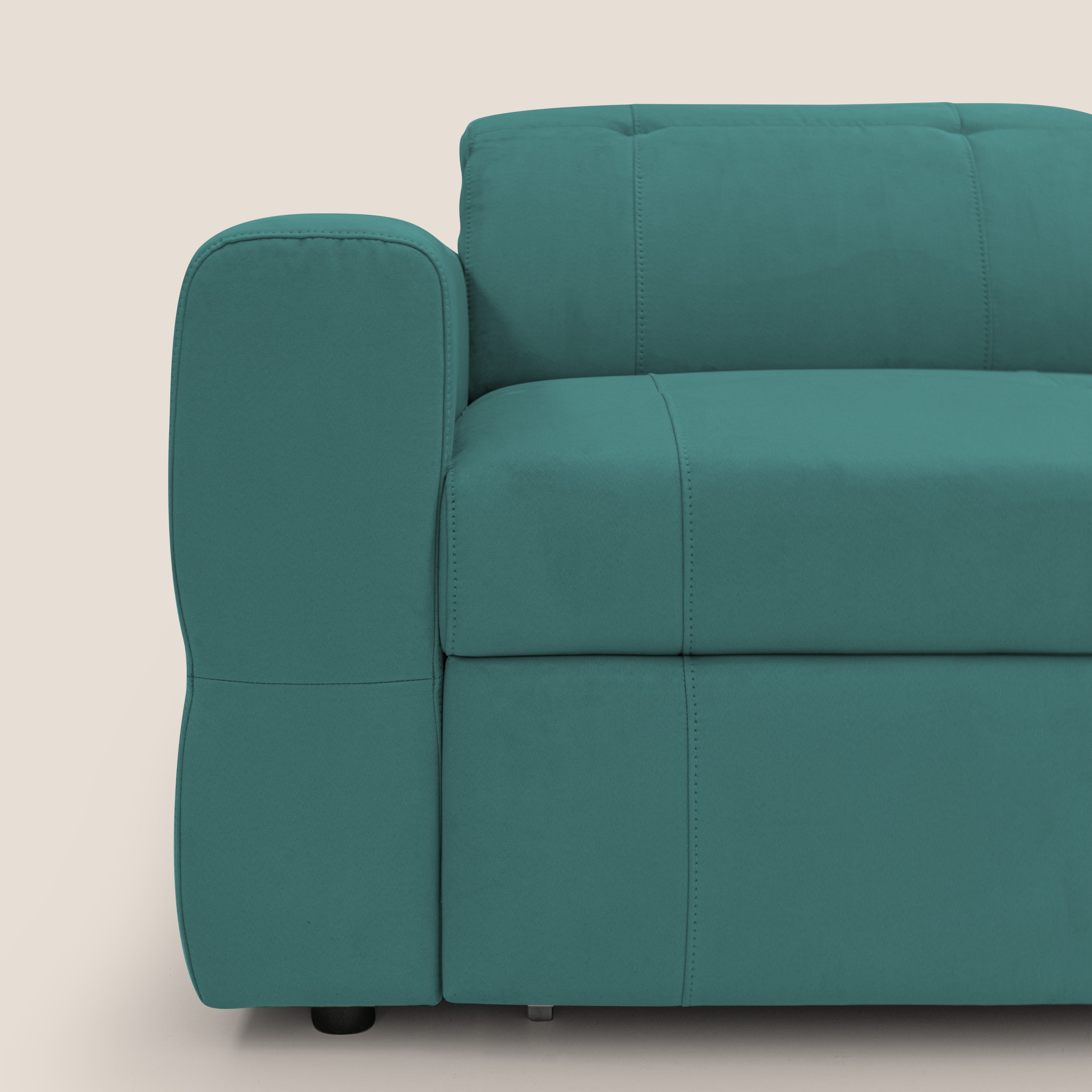 Kronos Divano angolare con poggiapiedi estraibile e pouf contenitore mobile in microfibra impermeabile T11 petrolio - divani.store