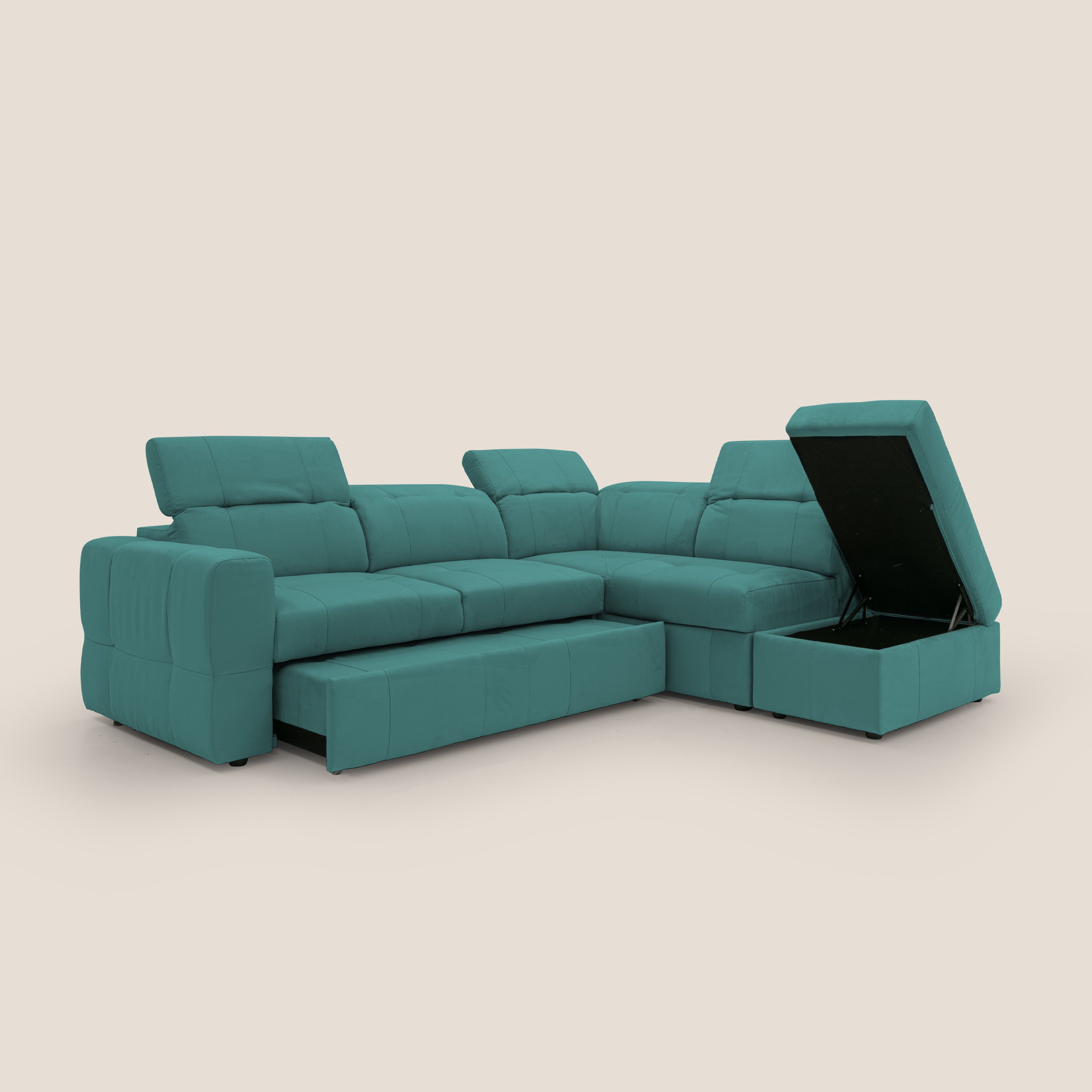 Kronos Divano angolare con poggiapiedi estraibile e pouf contenitore mobile in microfibra impermeabile T11 petrolio - divani.store