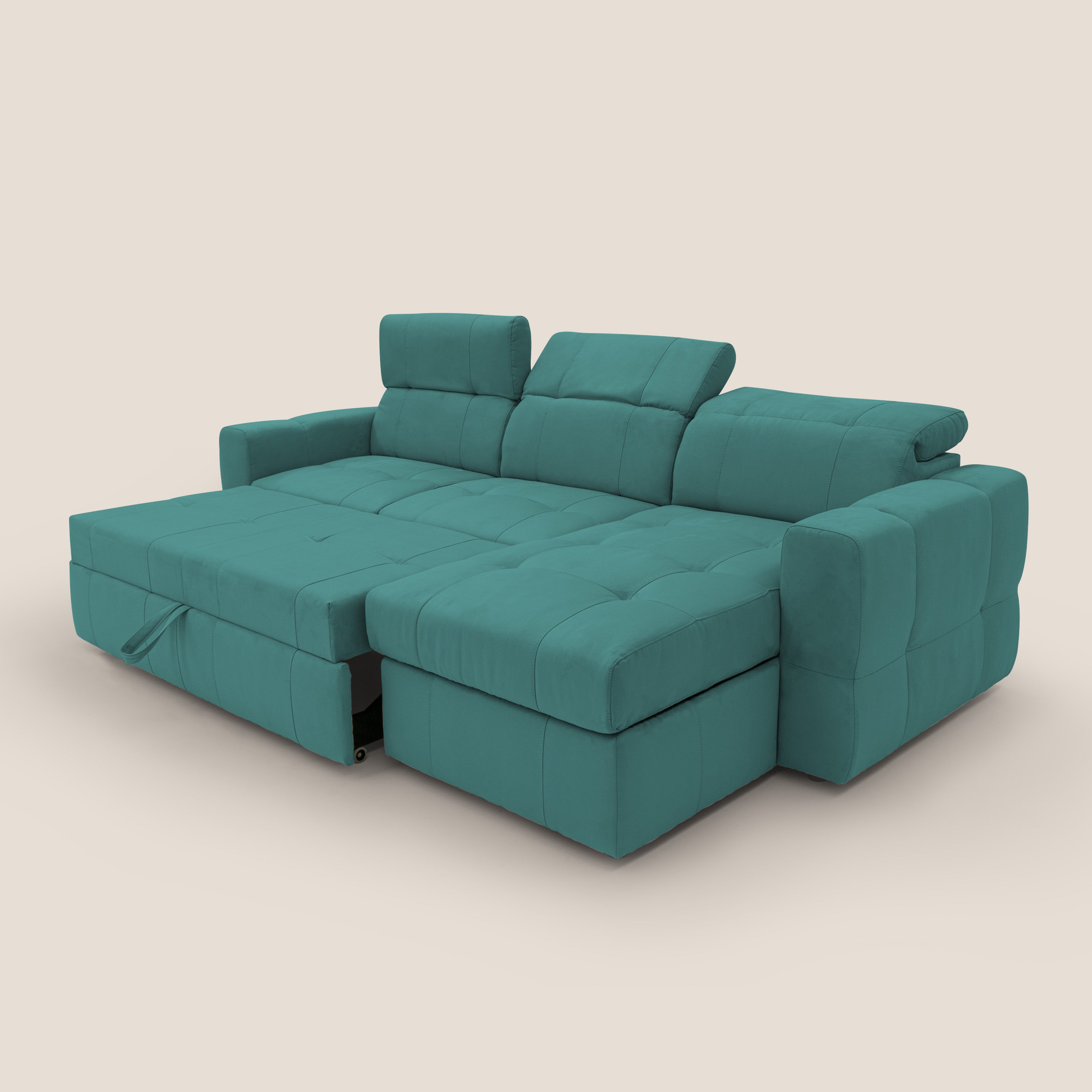 Kronos Divano angolare con pouf estraibile e penisola contenitore in microfibra impermeabile T11 petrolio - divani.store