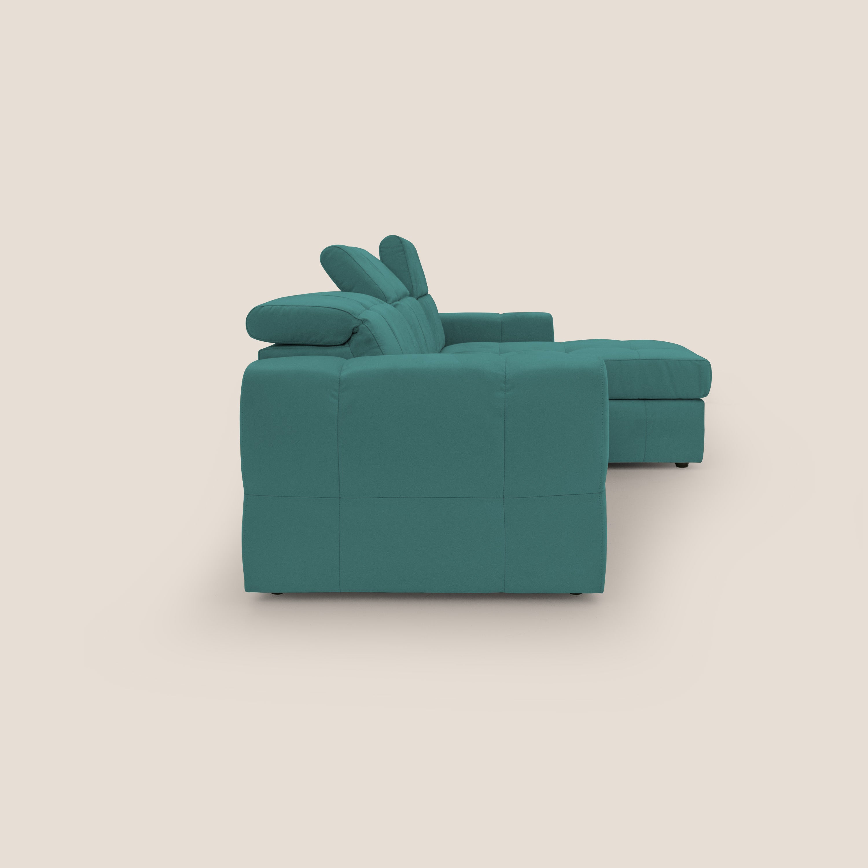 Kronos Divano angolare con pouf estraibile e penisola contenitore in microfibra impermeabile T11 petrolio - divani.store