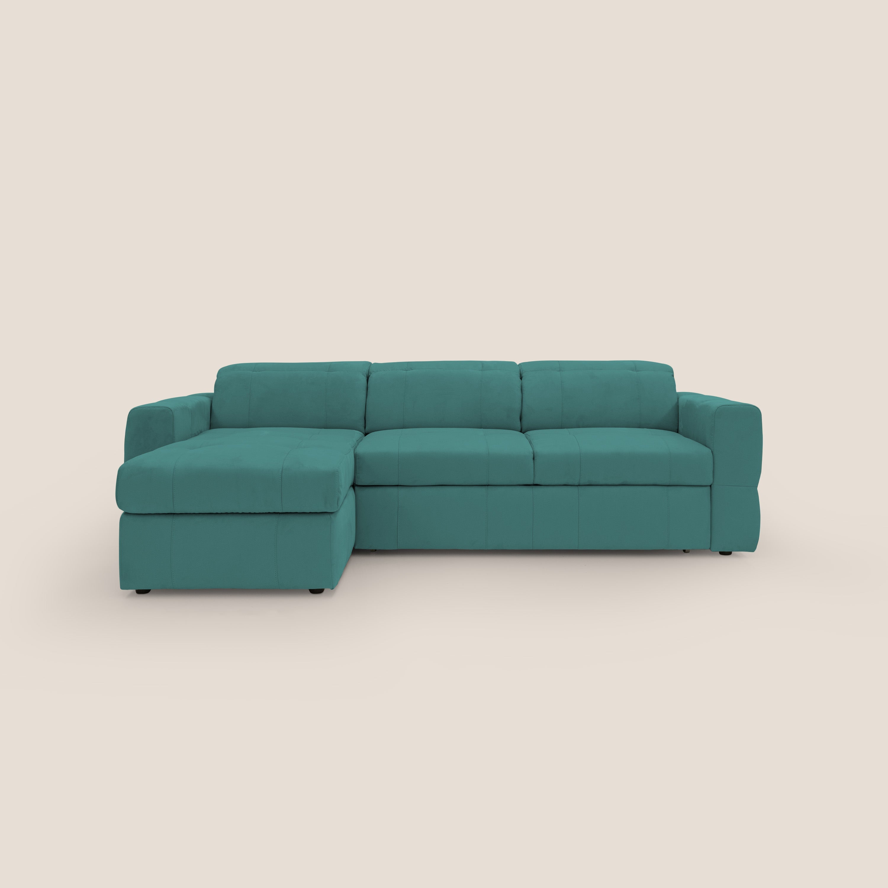 Kronos Divano angolare con pouf estraibile e penisola contenitore in microfibra impermeabile T11 petrolio - divani.store